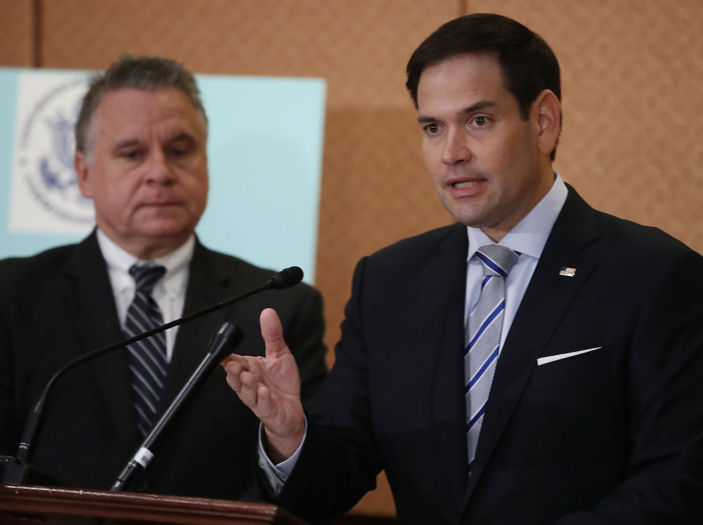 Sen. Marco Rubio (R-Fla.) (R), and Rep. Chris Smith (R-N.J.) speak about the Congressional-Executive Commission on China in Washington D.C. in October 2018. The Chinese government targeted both Rubio and Smith in Monday's retaliatory sanctions. Mark Wilson/Getty Images