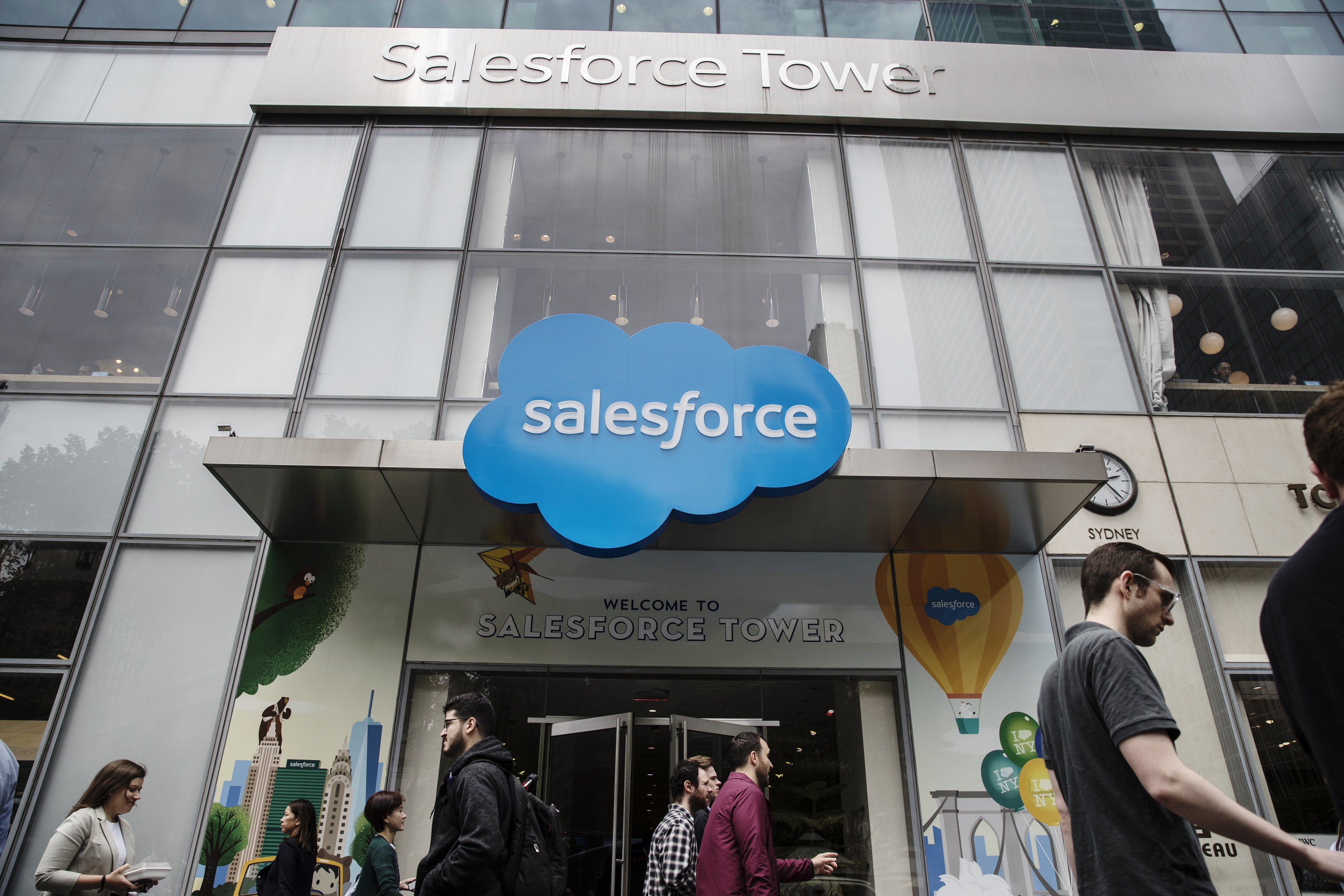 Salesforce was one of a trio of high-flying stocks to be added to the Dow Jones Industrial Average on Monday night as the benchmark index continues its strong August run. Wire photography: Victor J. Blue—Bloomberg via Getty Images