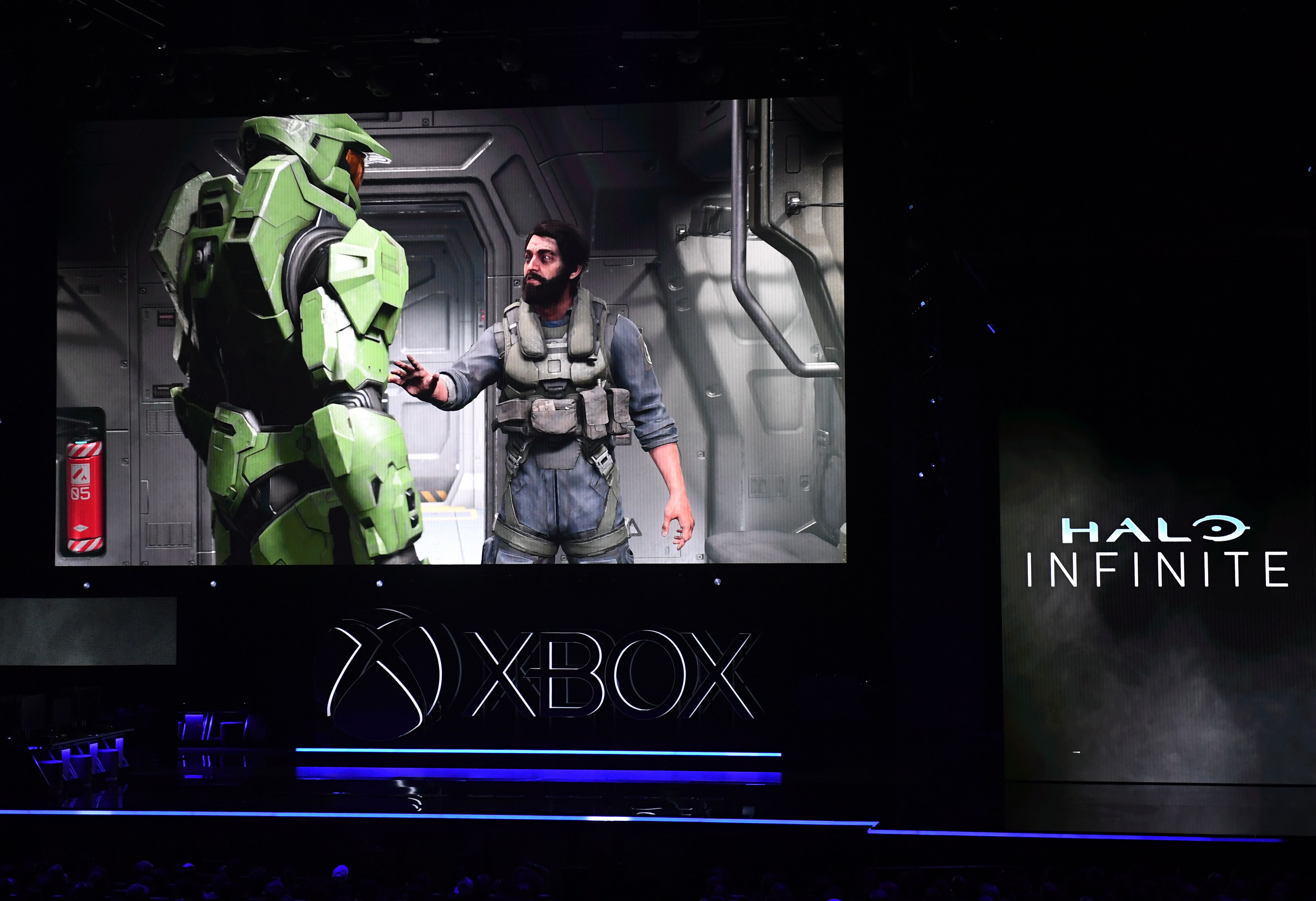 The video game "Halo: Infinite" is promoted at the Microsoft Xbox press event ahead of the E3 gaming convention in Los Angeles on June 9, 2019.