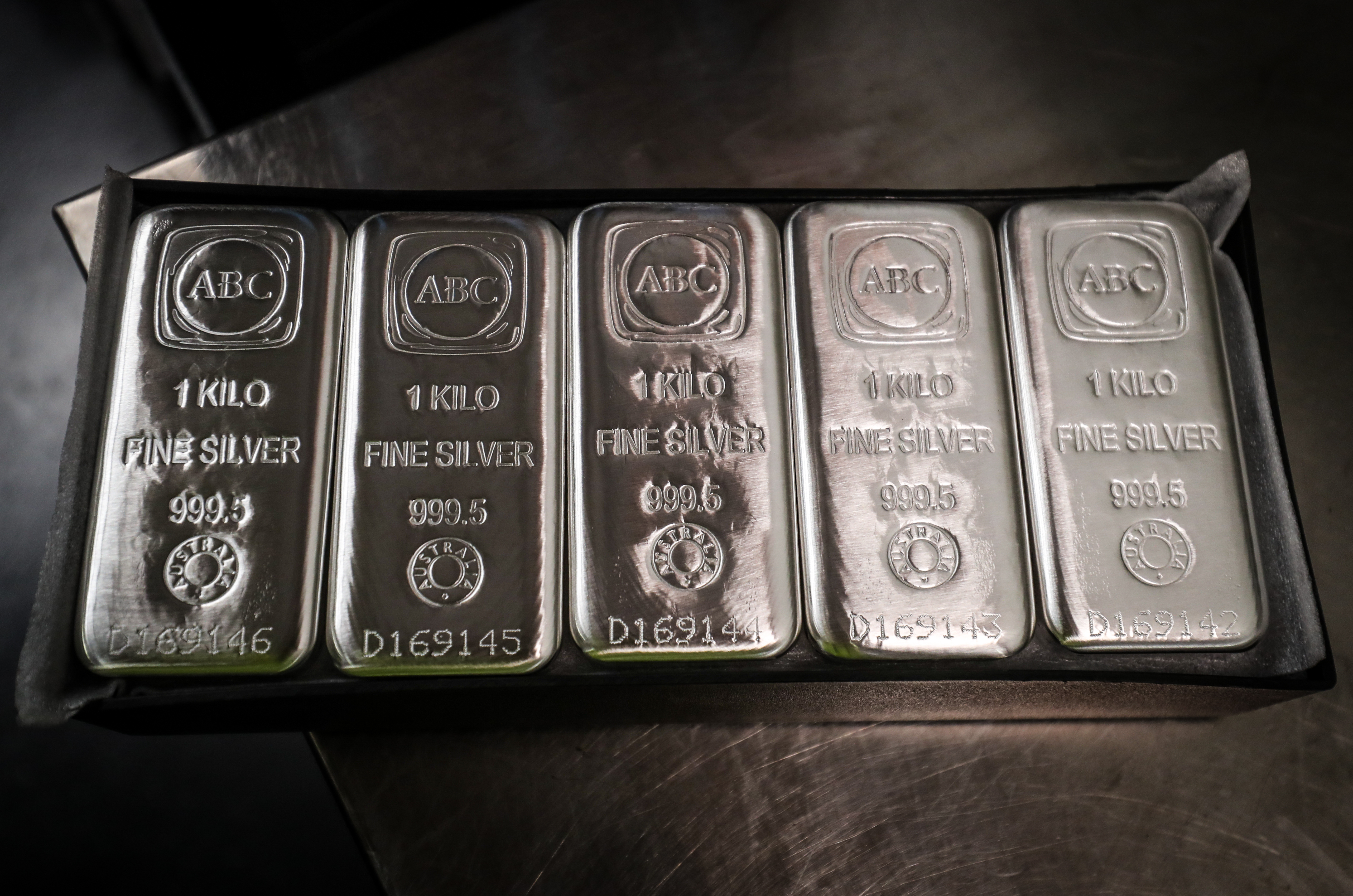 A set of ABC Bullion one-kilogram silver bars are displayed at the ABC Refinery smelter in Sydney, New South Wales, Australia, on Thursday, July 2, 2020. Western investors piling into gold in the pandemic are more than making up for a collapse in demand for physical metal from traditional retail buyers in China and India, helping push prices to an eight-year high. Photographer: David Gray/Bloomberg via Getty Images