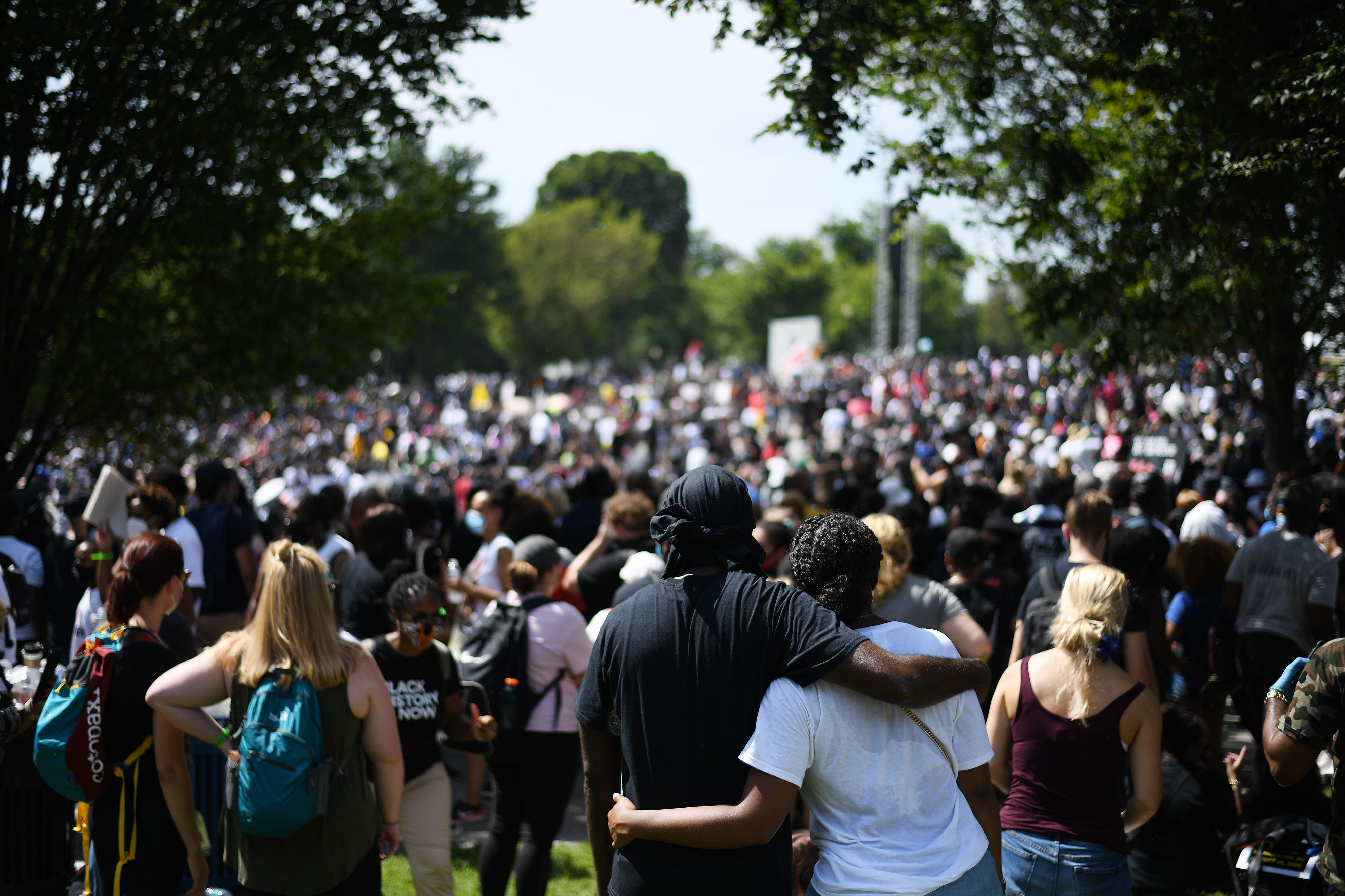 WASHINGTON, D.C., AUGUST 28: Under the slogan 'Commitment, Get Your Knee Off Our Necks', social justice activists gather around the Lincoln Memorial in Washington, D.C., August 28, 2020, to protest racism and police violence in the US. During the latest police shooting two Wisconsin police officers shot Jacob Blake, an unarmed black man, on August 23, 2020, seven times in the back while he entered a car. Blake remains in serious condition at a hospital in Milwaukee. (Photo by Astrid Riecken For The Washington Post via Getty Images)