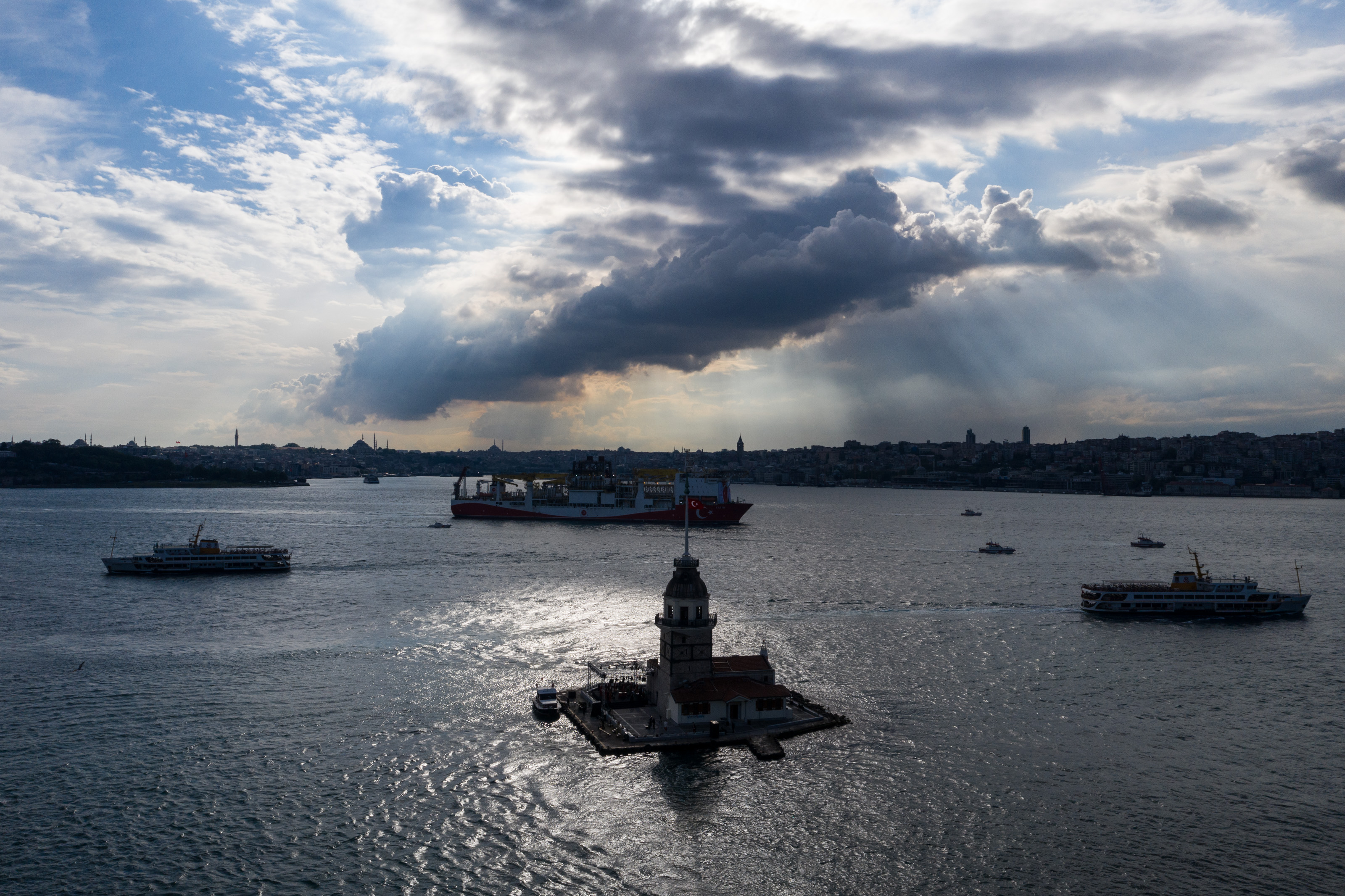 ISTANBUL, TURKEY - MAY 29: In this aerial photo taken with a drone, Turkish drilling vessel 'Fatih' sails up the Bosphorus towards the Black Sea on May 29, 2020 in Istanbul, Turkey. (Photo by Burak Kara/Getty Images)