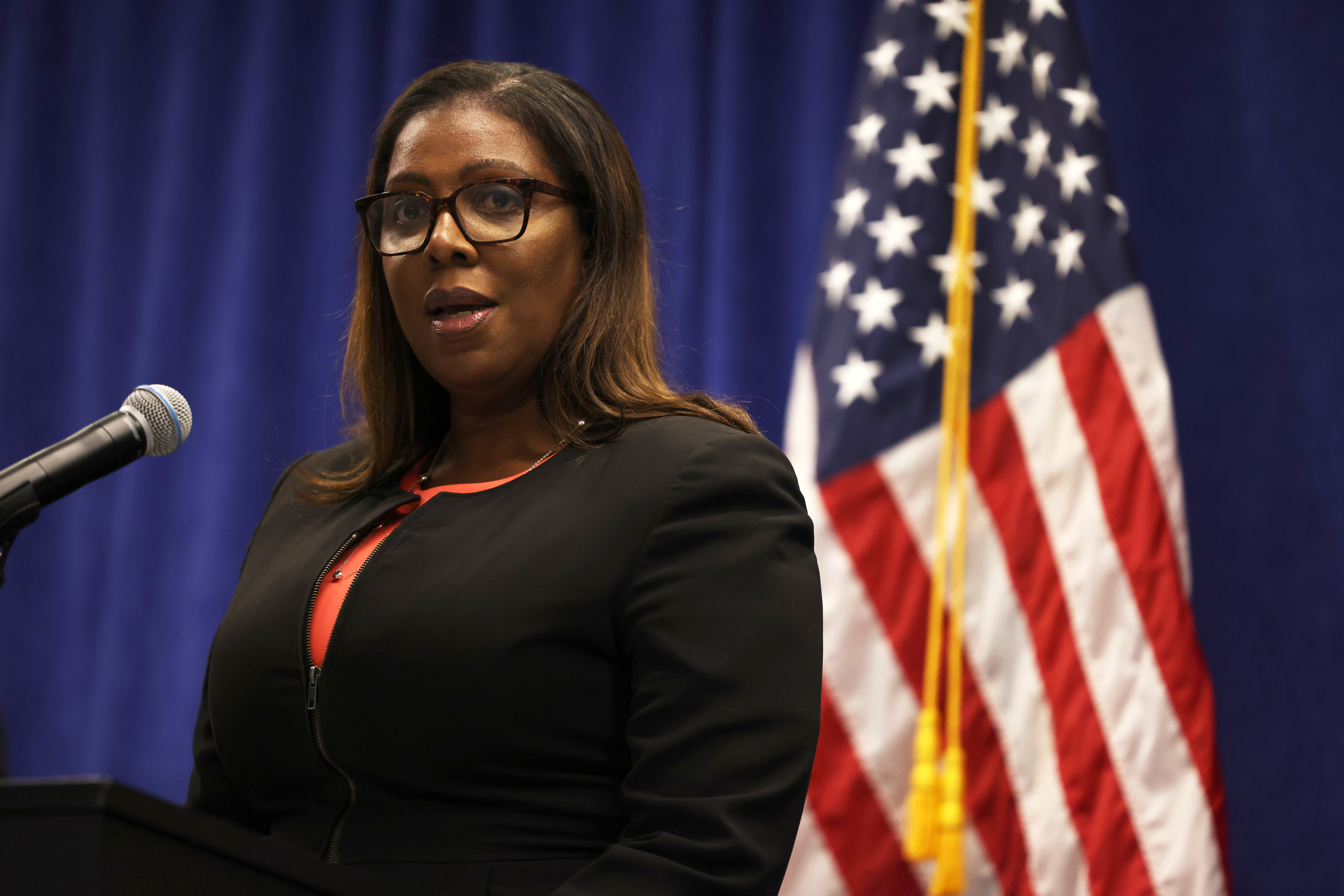 New York State Attorney General Letitia James speaks during a press conference announcing a lawsuit to dissolve the NRA on August 06, 2020 in New York City. New York State Attorney General Letitia filed a lawsuit seeking to dissolve the National Rifle Association charging the organization as a whole as well as Executive Vice-President Wayne LaPierre, former Treasurer and CFO Wilson Phillips, Chief of Staff and Executive Director of General Operations Joshua Powell, and Corporate Secretary and General Counsel John Frazer with failing to manage the NRA’s funds and failing to follow state and federal laws. (Photo by Michael M. Santiago/Getty Images)