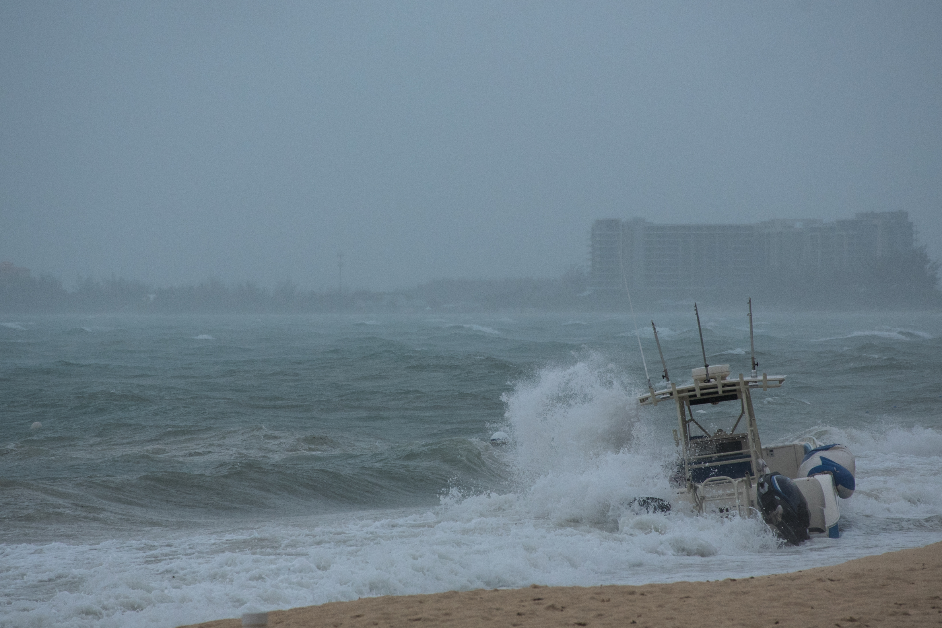 A boat being battered by Hurricane Laura.