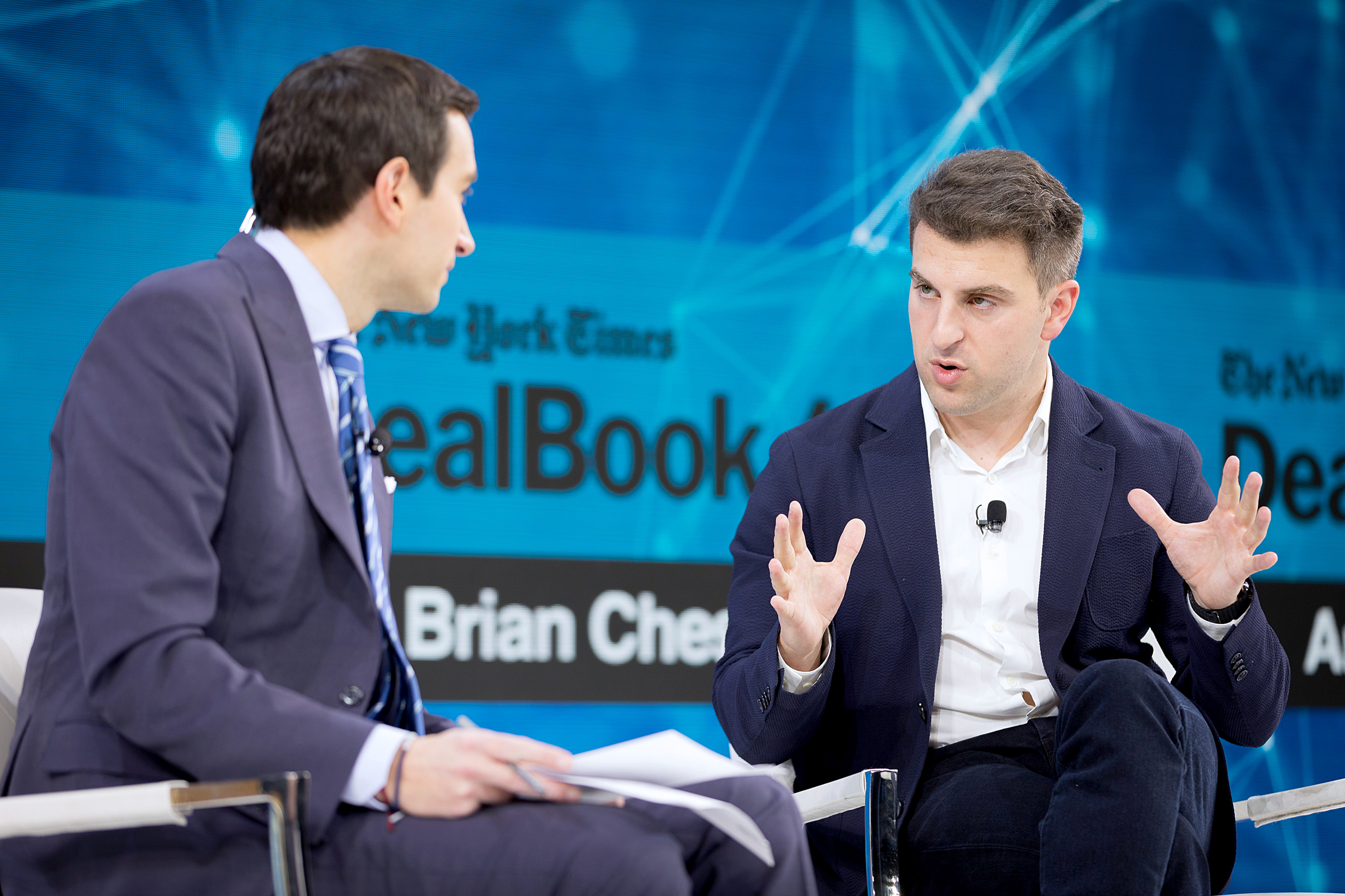 Andrew Ross Sorkin, Editor at Large, Columnist and Founder, DealBook, The New York Times speaks with Brian Chesky, Co-Founder, Head of Community and C.E.O., Airbnb onstage at 2019 New York Times Dealbook on November 06, 2019 in New York City.