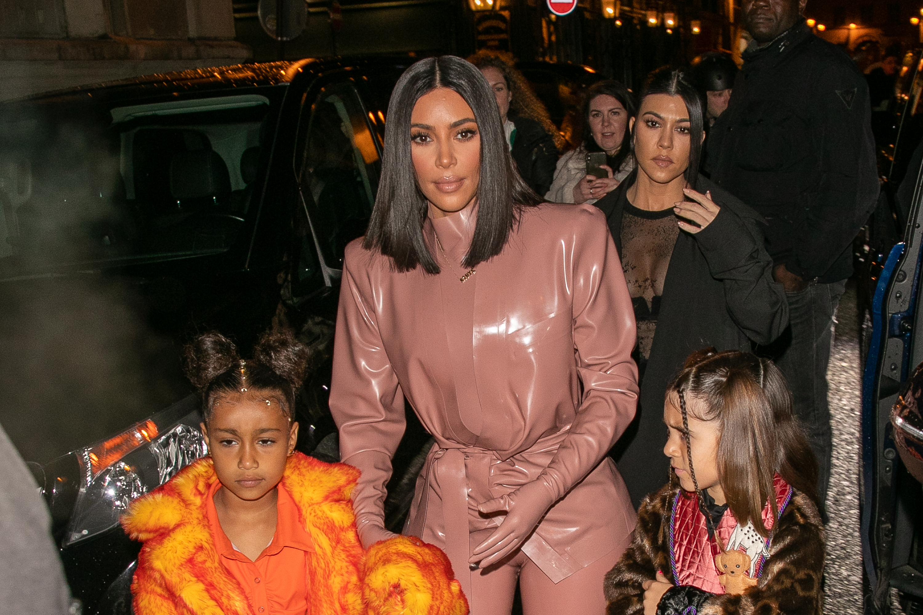PARIS, FRANCE - MARCH 01: Kim Kardashian West, North West, Penelope Disick and Kourtney Kardashian arrive at FERDI restaurant on March 01, 2020 in Paris, France. 