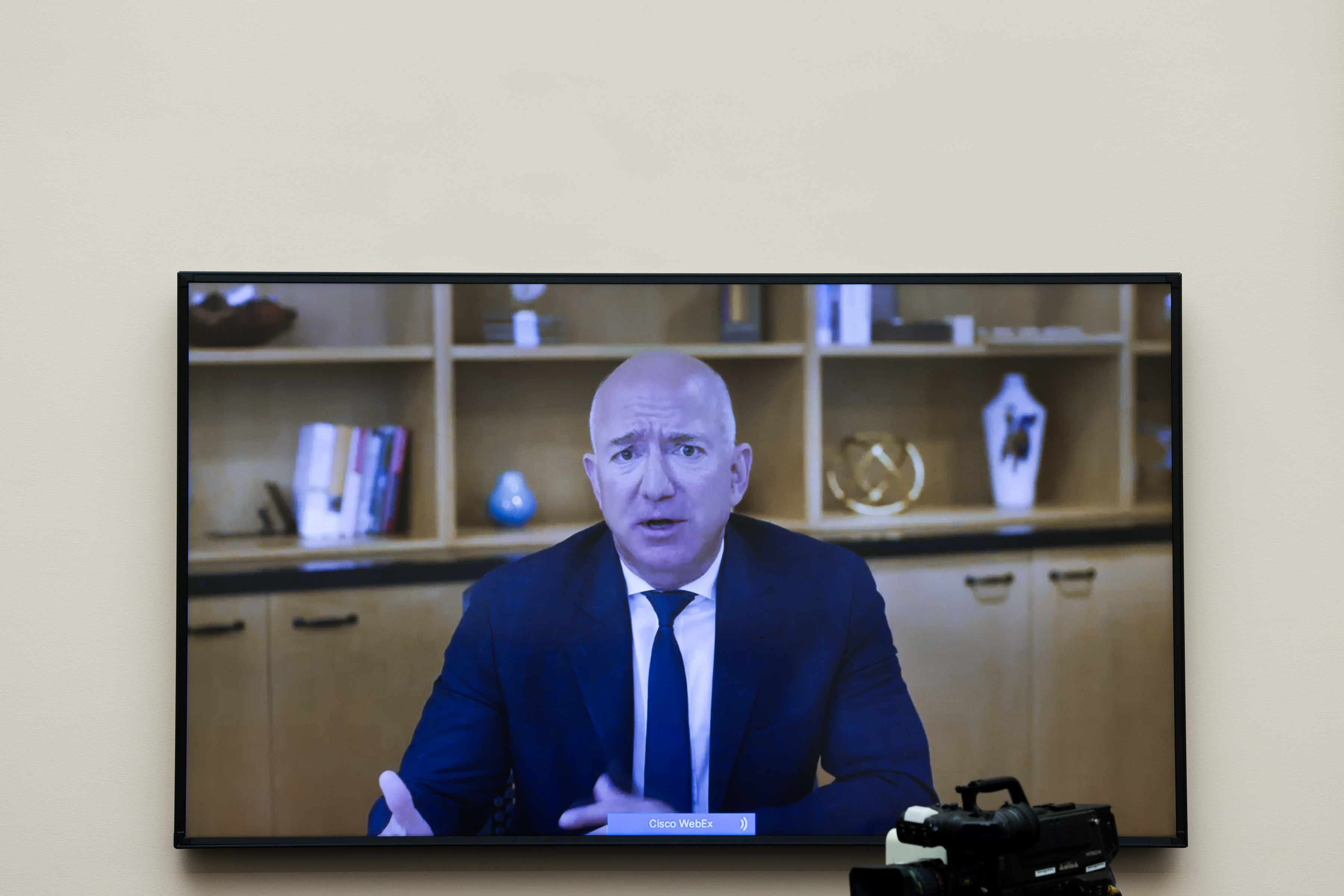 WASHINGTON, DC - JULY 29: Amazon CEO Jeff Bezos testifies via video conference during the House Judiciary Subcommittee on Antitrust, Commercial and Administrative Law hearing on Online Platforms and Market Power in the Rayburn House office Building, July 29, 2020 on Capitol Hill in Washington, DC. The committee was scheduled to hear testimony from the CEOs of Apple, Facebook, Amazon and Google.