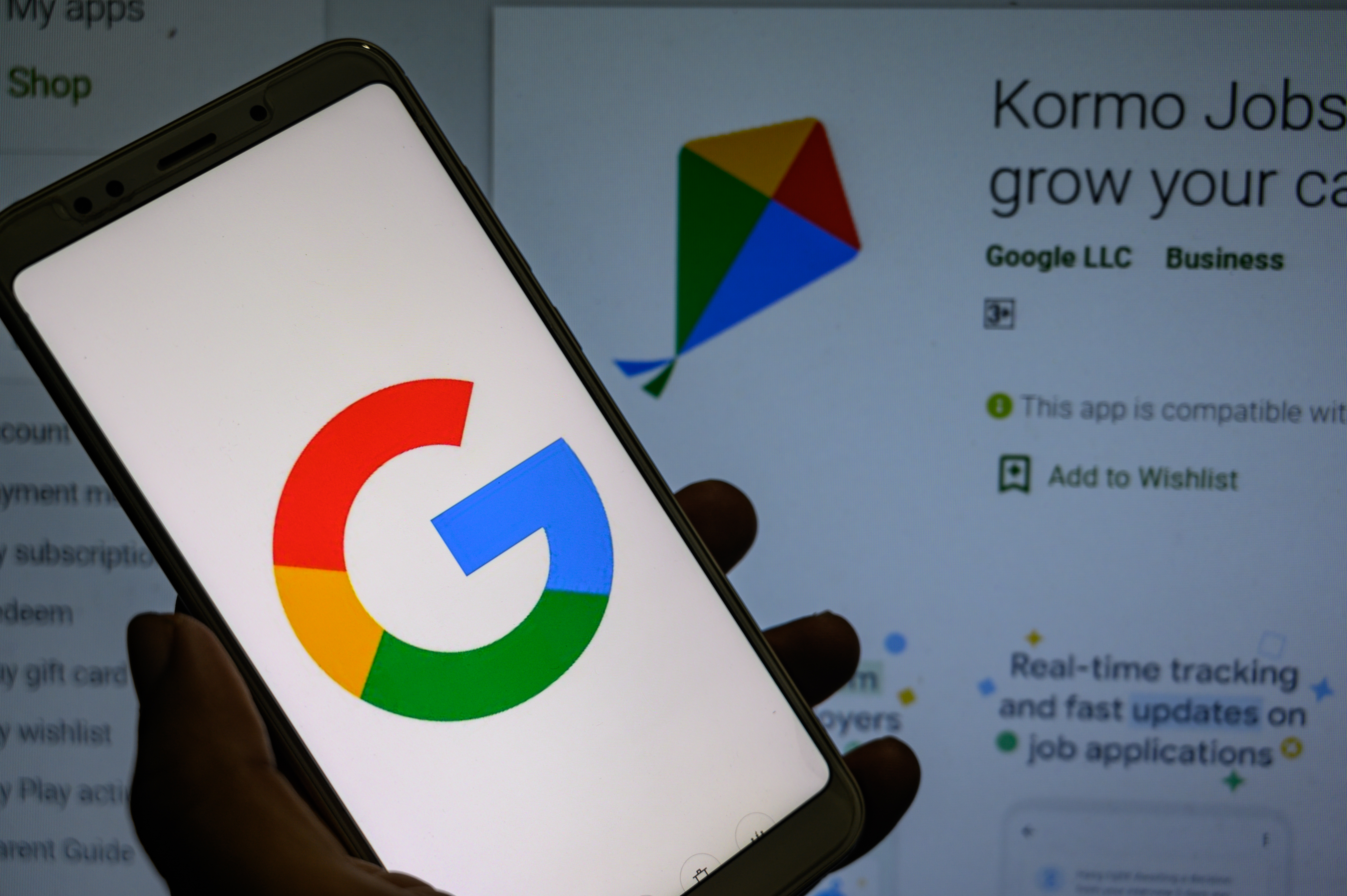 In this photo illustration, screens display the logos of Google in Tehatta, Nadia, West Bengal, India on September 4, 2020. Google is bringing the 'Kormo Jobs' Android app to India to help job seekers find and apply for positions across India.