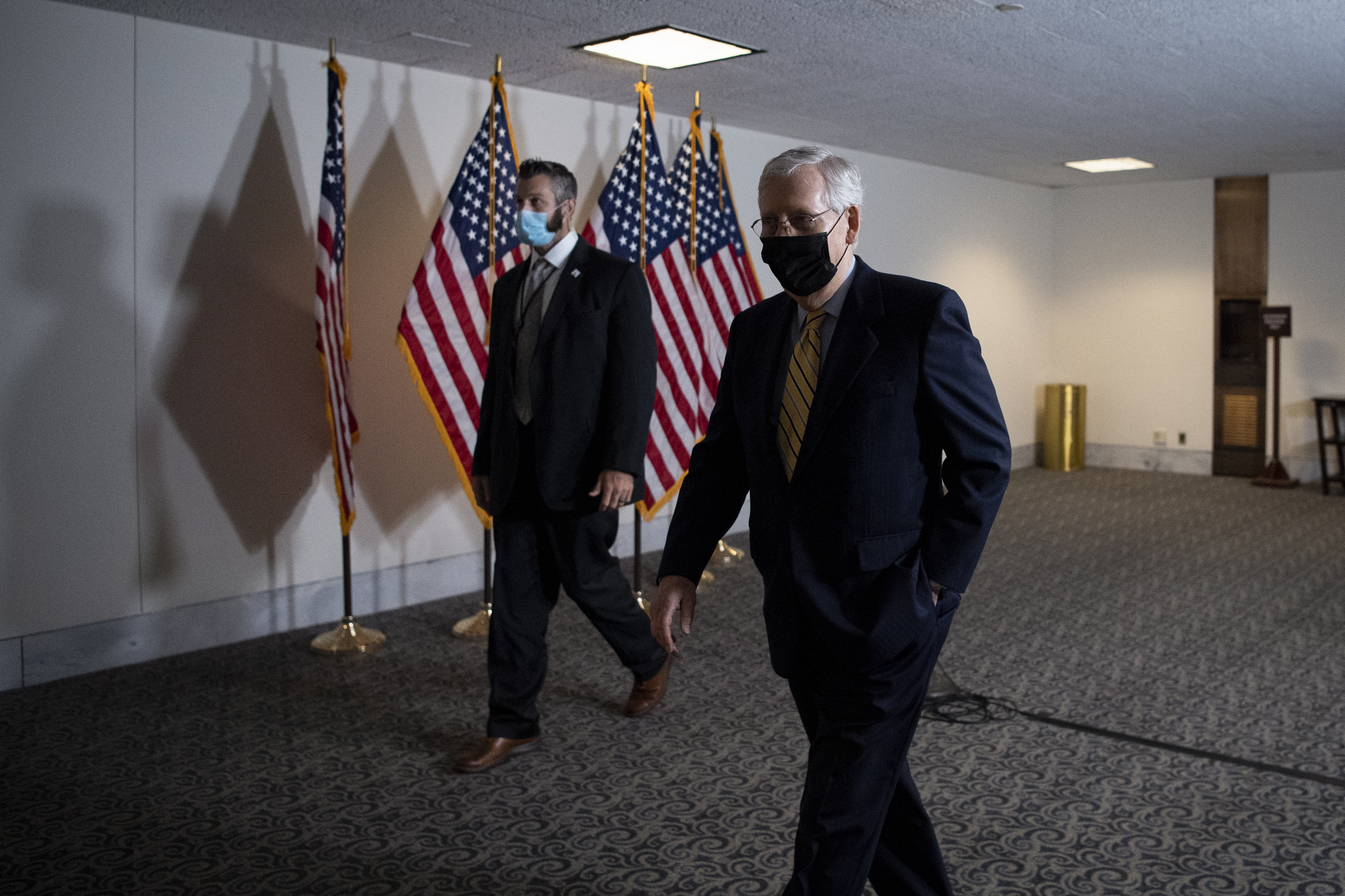 UNITED STATES - SEPTEMBER 10: Senate Majority Leader Mitch McConnell, R-Ky., departs from a Senate Republican luncheon in the Hart Building after a coronavirus stimulus bill did not pass in the Senate on Thursday, Sept. 10, 2020. Caroline Brehman / Contributor