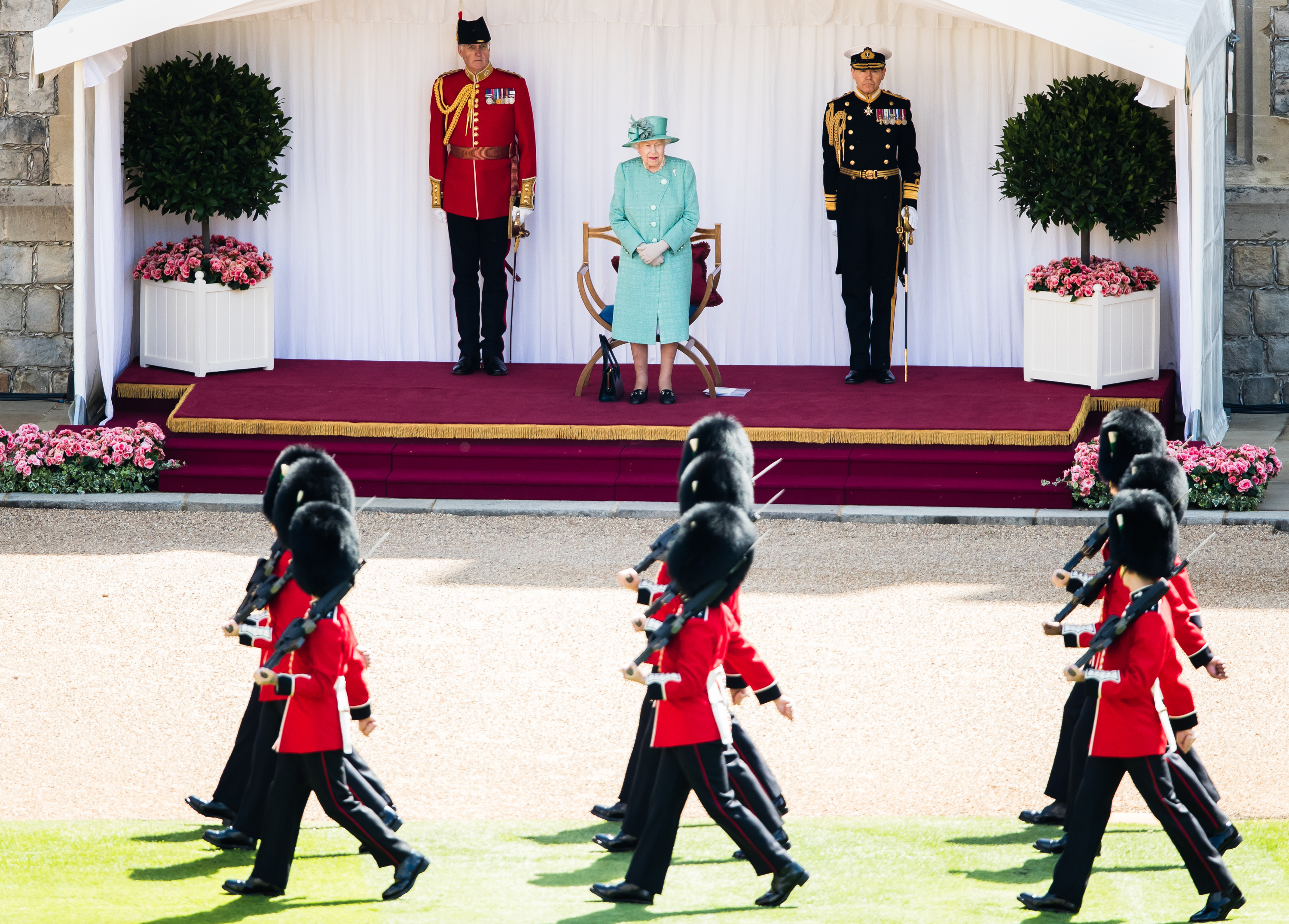 WINDSOR, ENGLAND - JUNE 13: Queen Elizabeth II attends Trooping The Colour, the Queen's birthday ceremony at Windsor Castle on June 13, 2020 in Windsor, England. In line with Government advice, it was agreed that The Queen's Birthday Parade, also known as Trooping the Colour, would not go ahead in its traditional form. (Photo by Pool/Samir Hussein/WireImage)