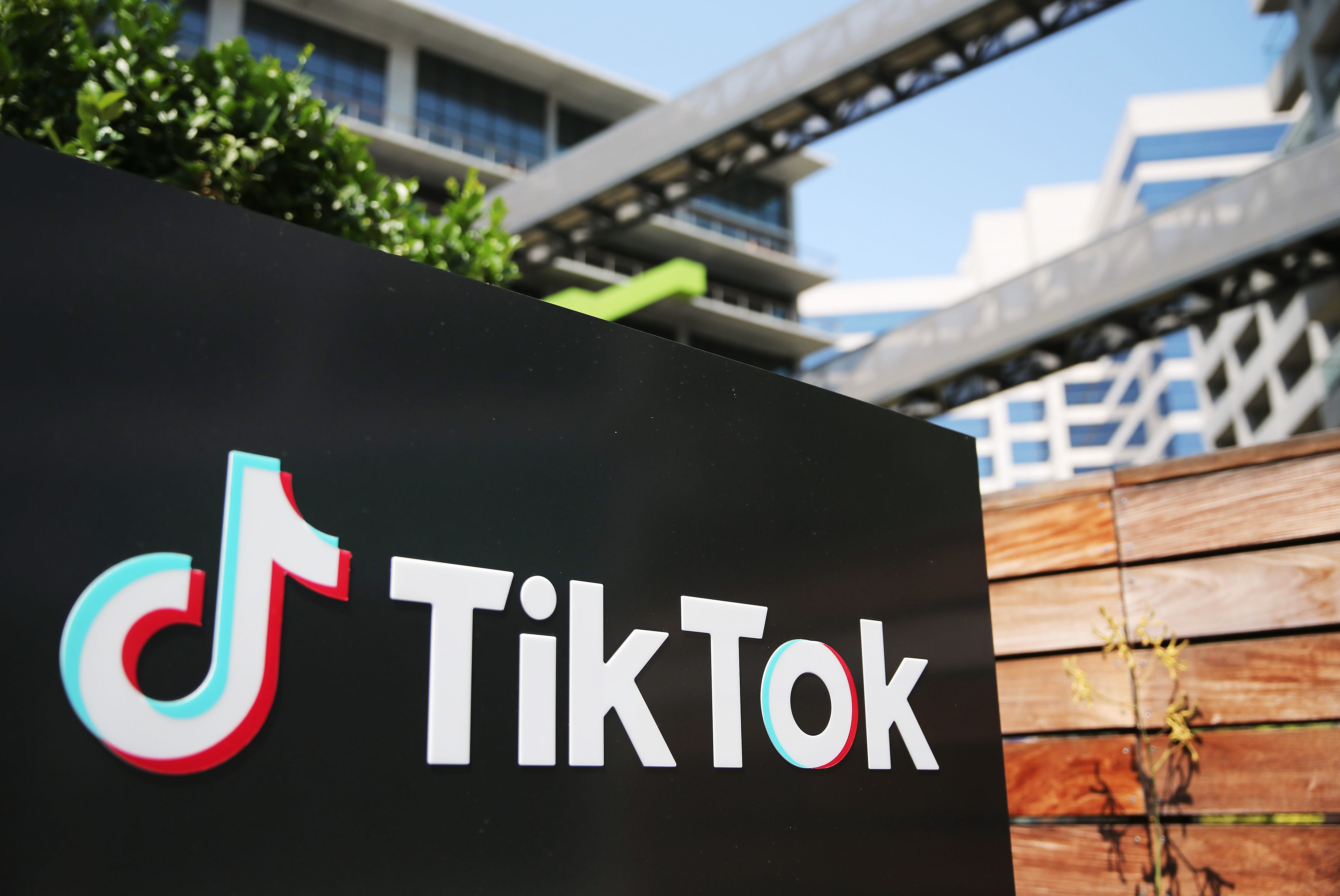 The TikTok logo is displayed outside a TikTok office on August 27, 2020 in Culver City, California. The Chinese-owned company is reportedly set to announce the sale of U.S. operations of its popular social media app in the coming weeks following threats of a shutdown by the Trump administration.