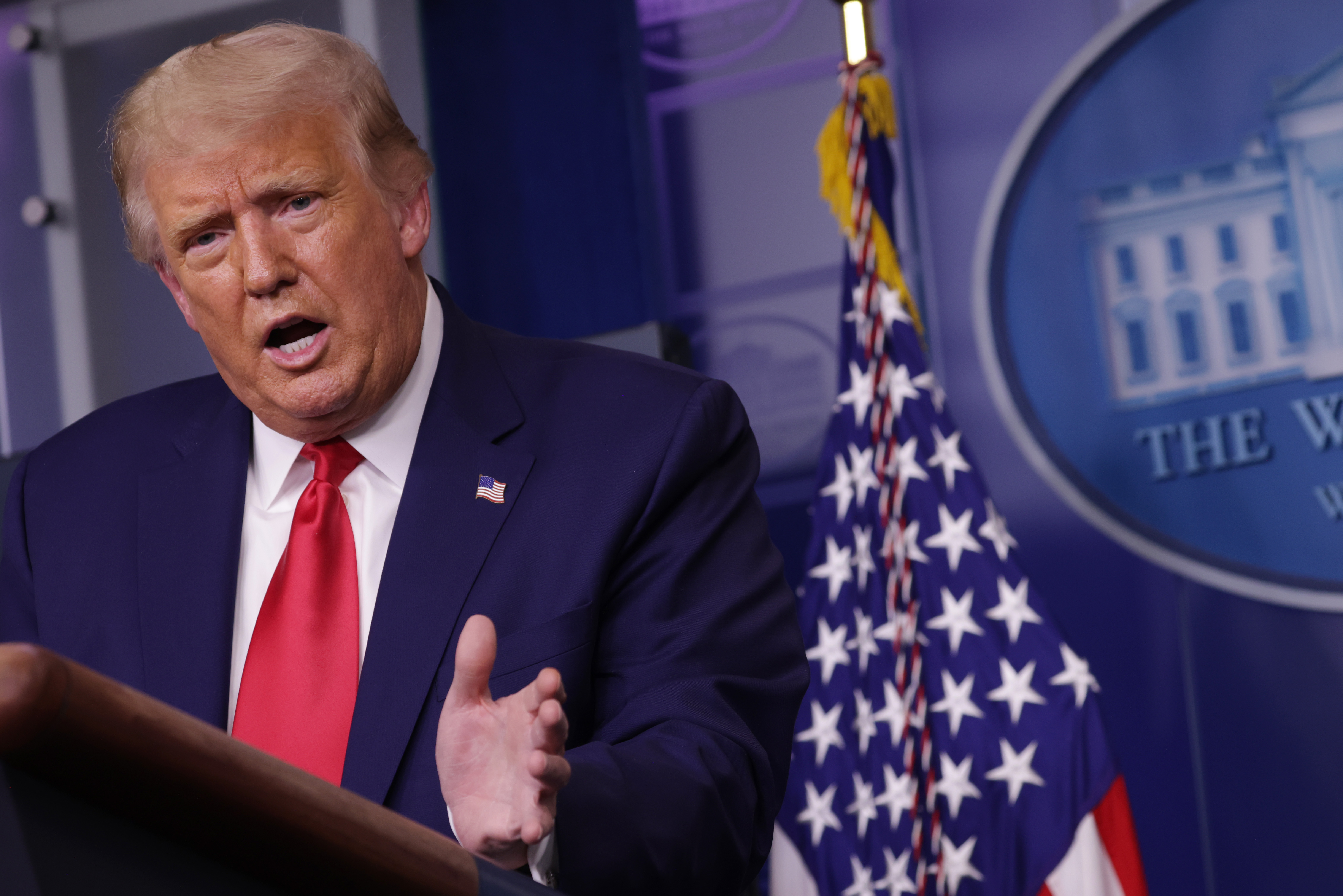 WASHINGTON, DC - SEPTEMBER 16: U.S. President Donald J. Trump speaks to the press during a news conference in the James Brady Press Briefing Room of the White House on September 16, 2020 in Washington, DC. Alex Wong—Getty Images