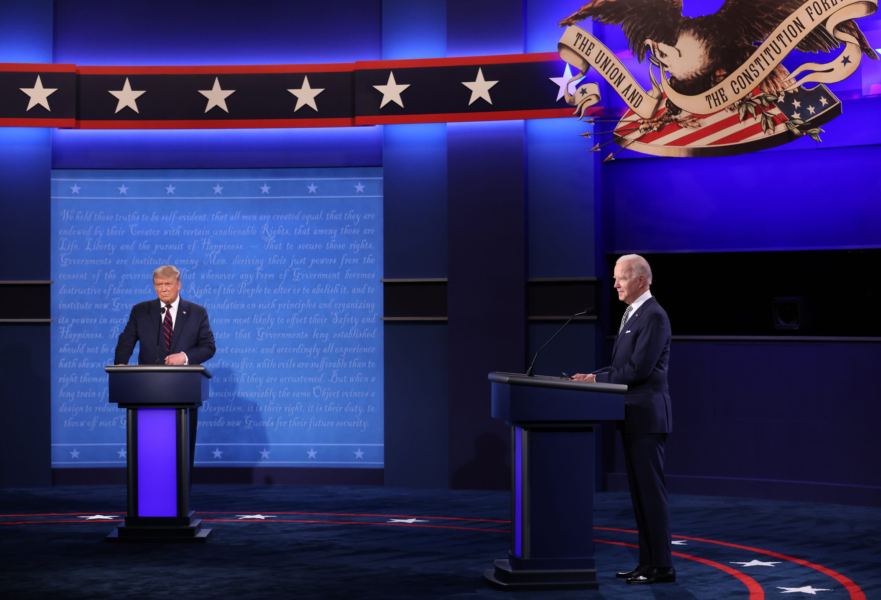 U.S. President Donald Trump and Democratic presidential nominee Joe Biden participate in the first presidential debate at the Health Education Campus of Case Western Reserve University on September 29, 2020 in Cleveland, Ohio.