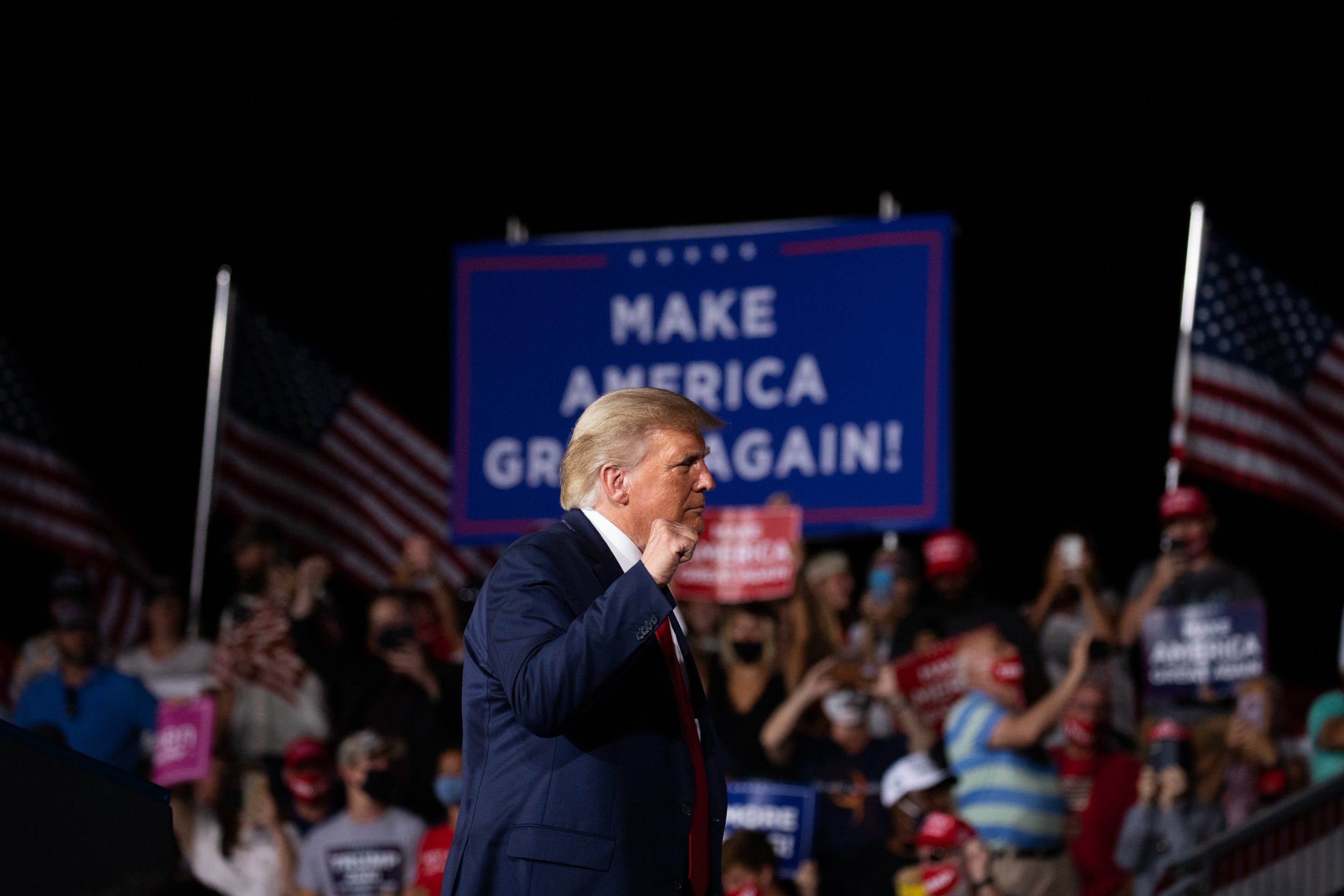 U.S. President Donald Trump gestures on stage during a campaign rally in Winston-Salem, North Carolina, U.S., on Tuesday, Sept. 8, 2020.