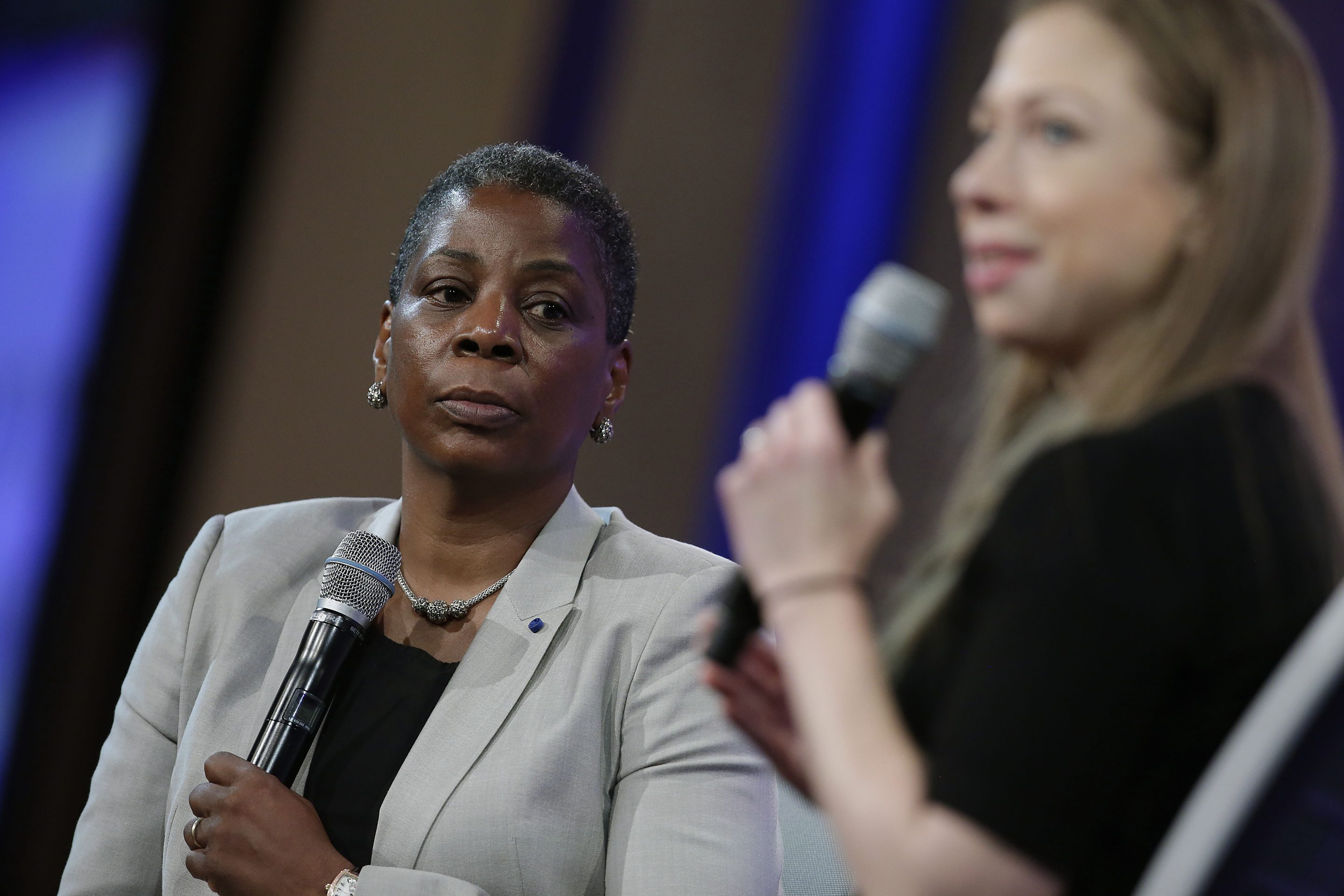 Clinton Foundation Vice Chair Chelsea Clinton speaks as former Xerox Corporation Chairman and Chief Executive Officer Ursula Burns listens during the Clinton Global Initiative annual meeting September 29, 2015 in New York.