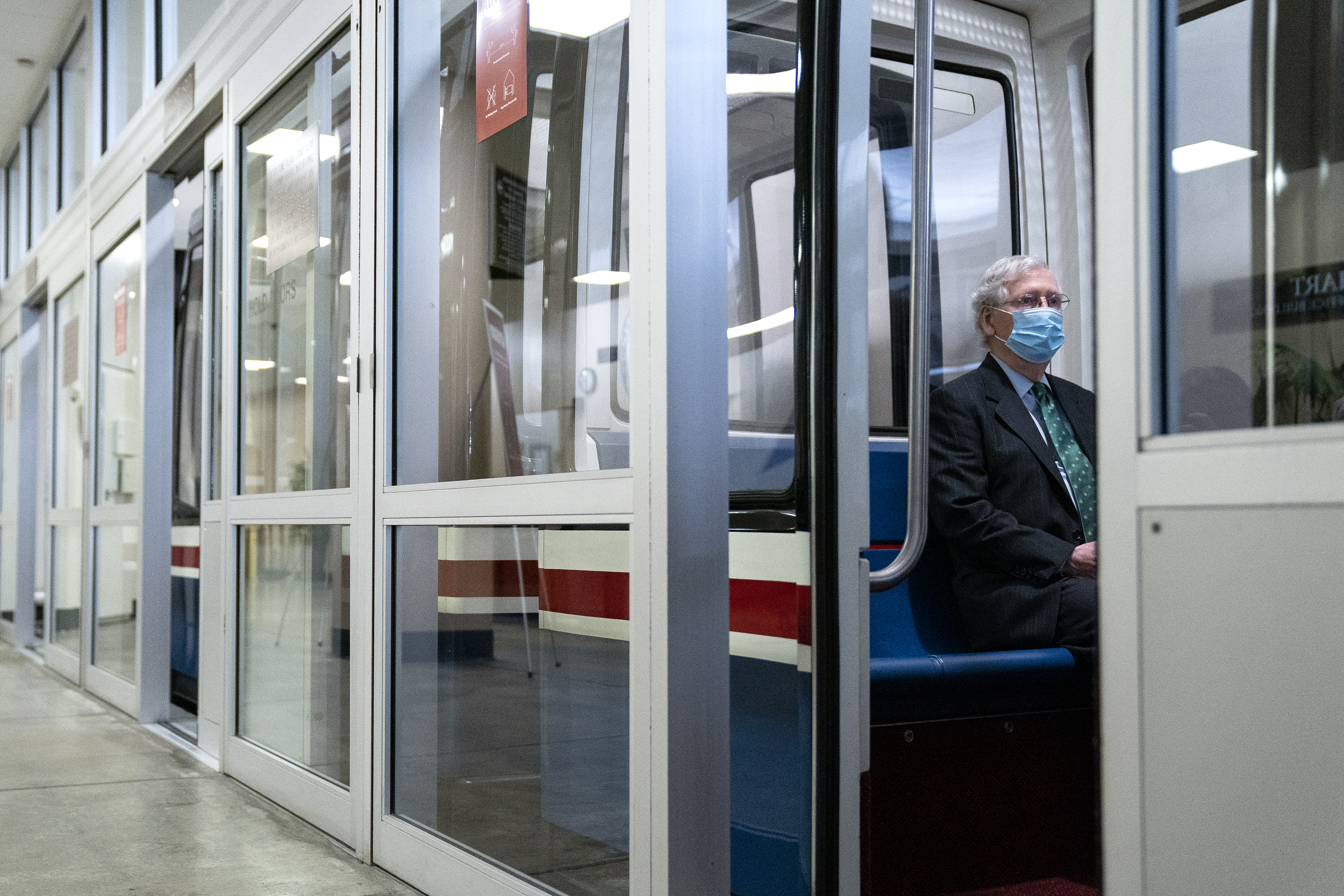Senate Majority Leader Mitch McConnell sits on the Senate Subway following a news conference at the U.S. Capitol in Washington, D.C.Photographer: Stefani Reynolds/Bloomberg via Getty Images