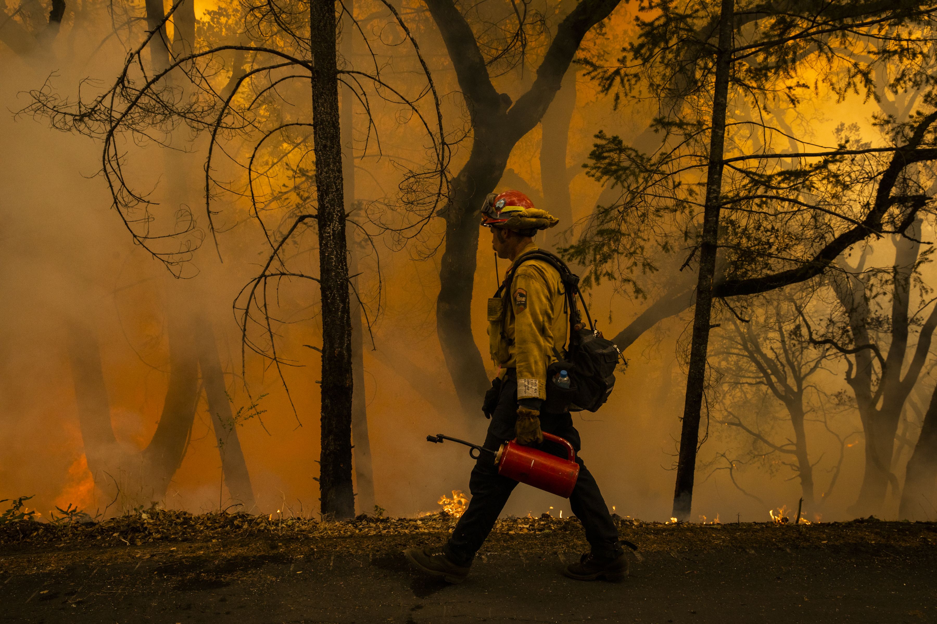 A firefighter monitors a controlled burn during the Glass Fire near Calistoga, California, U.S., on Friday, Oct. 2, 2020. Even as firefighters in Northern California's wine country battle a blaze that forced the evacuation of entire towns, a forecast of extreme heat and dry winds threatens to breath new life into the inferno. Photographer: Philip Pacheco/Bloomberg via Getty Images