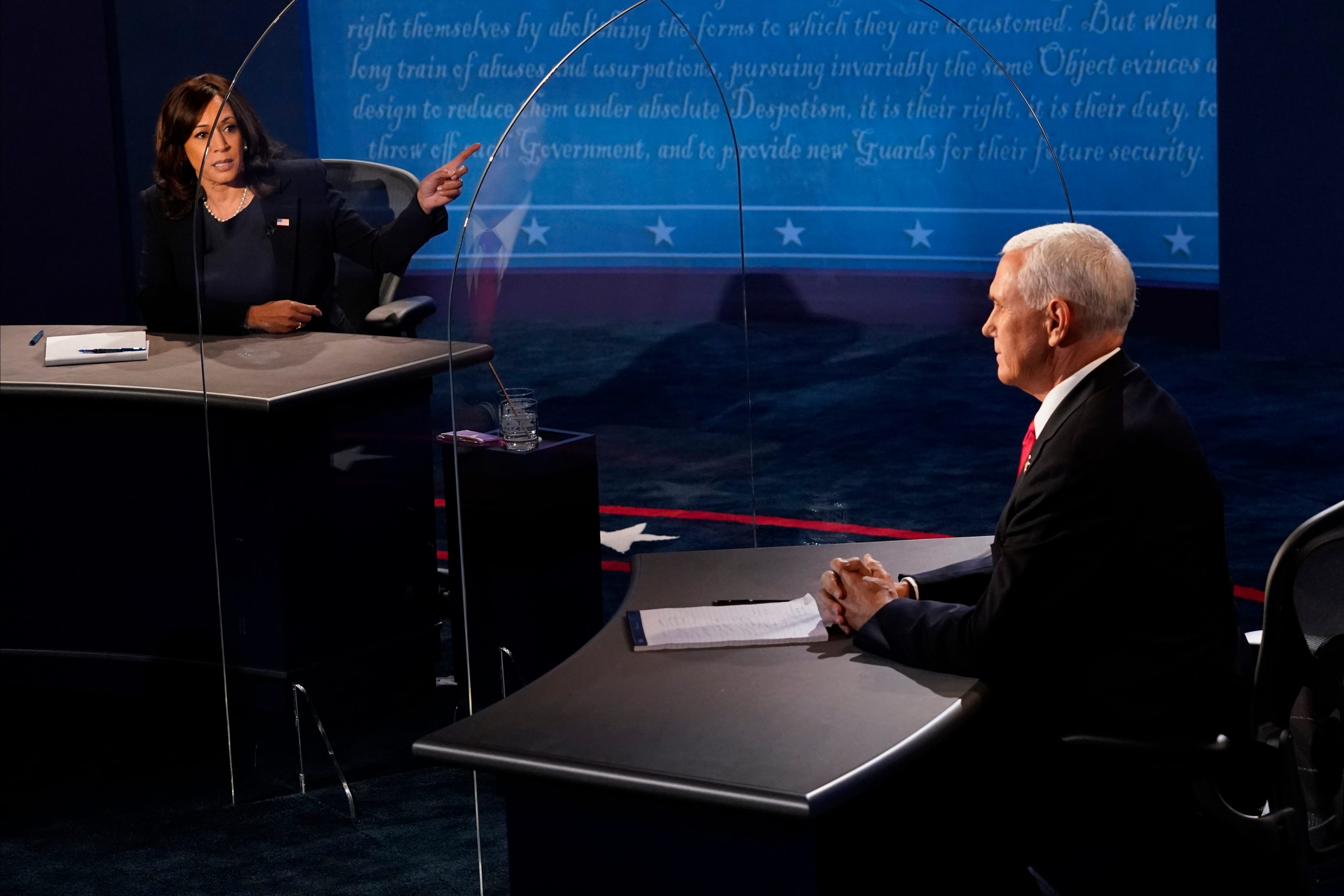 Democratic vice presidential nominee Sen. Kamala Harris (D-CA) and U.S. Vice President Mike Pence participate in the vice presidential debate at the University of Utah on October 7, 2020 in Salt Lake City, Utah. Morry Gash-Pool/Getty Images