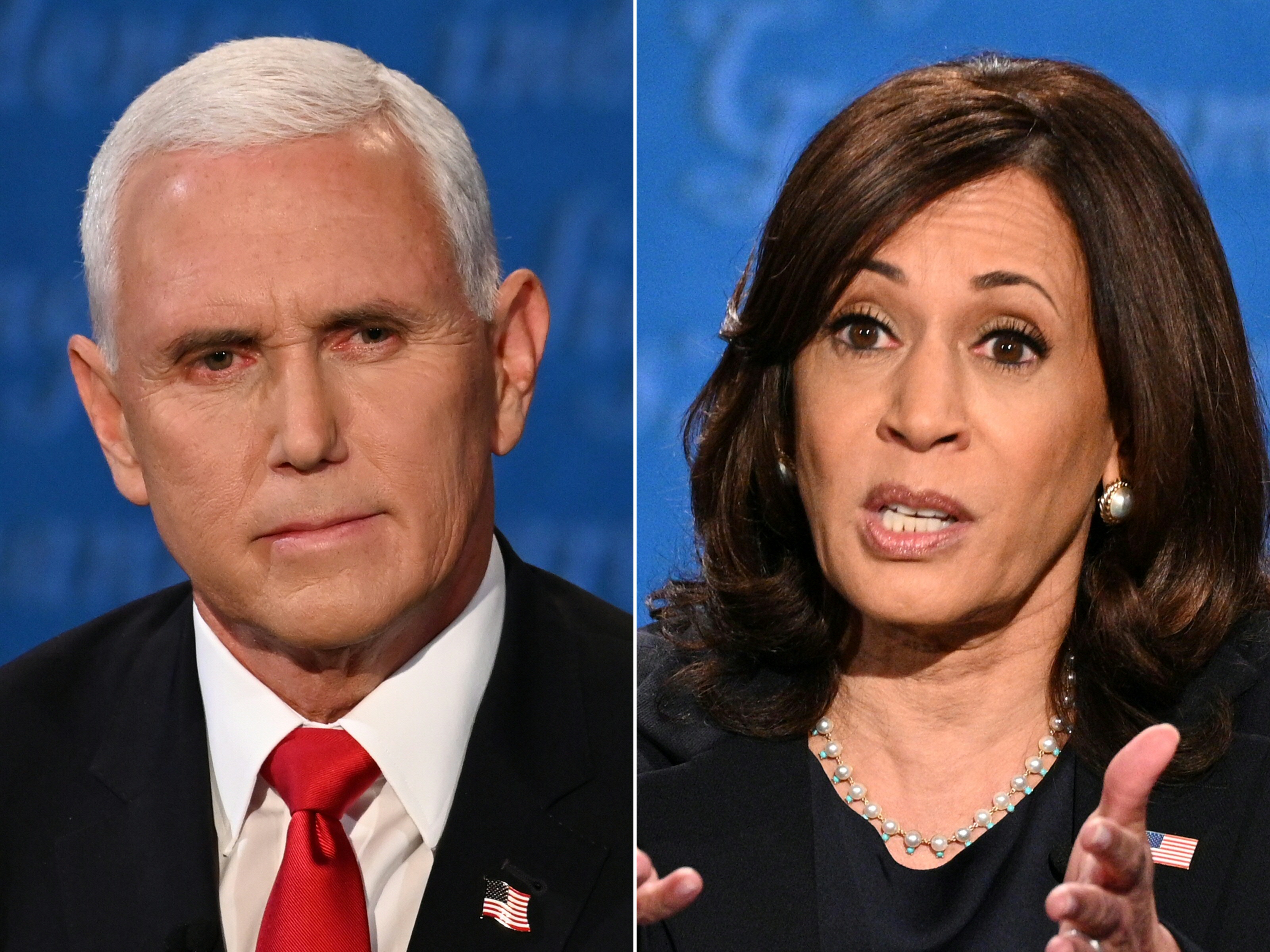 (COMBO) This combination of pictures created on October 07, 2020 shows US Vice President Mike Pence and US Democratic vice presidential nominee and Senator from California Kamala Harris during the vice presidential debate in Kingsbury Hall at the University of Utah on October 7, 2020, in Salt Lake City, Utah. (Photos by Eric BARADAT and Robyn Beck / AFP) (Photo by ERIC BARADAT,ROBYN BECK/AFP via Getty Images)