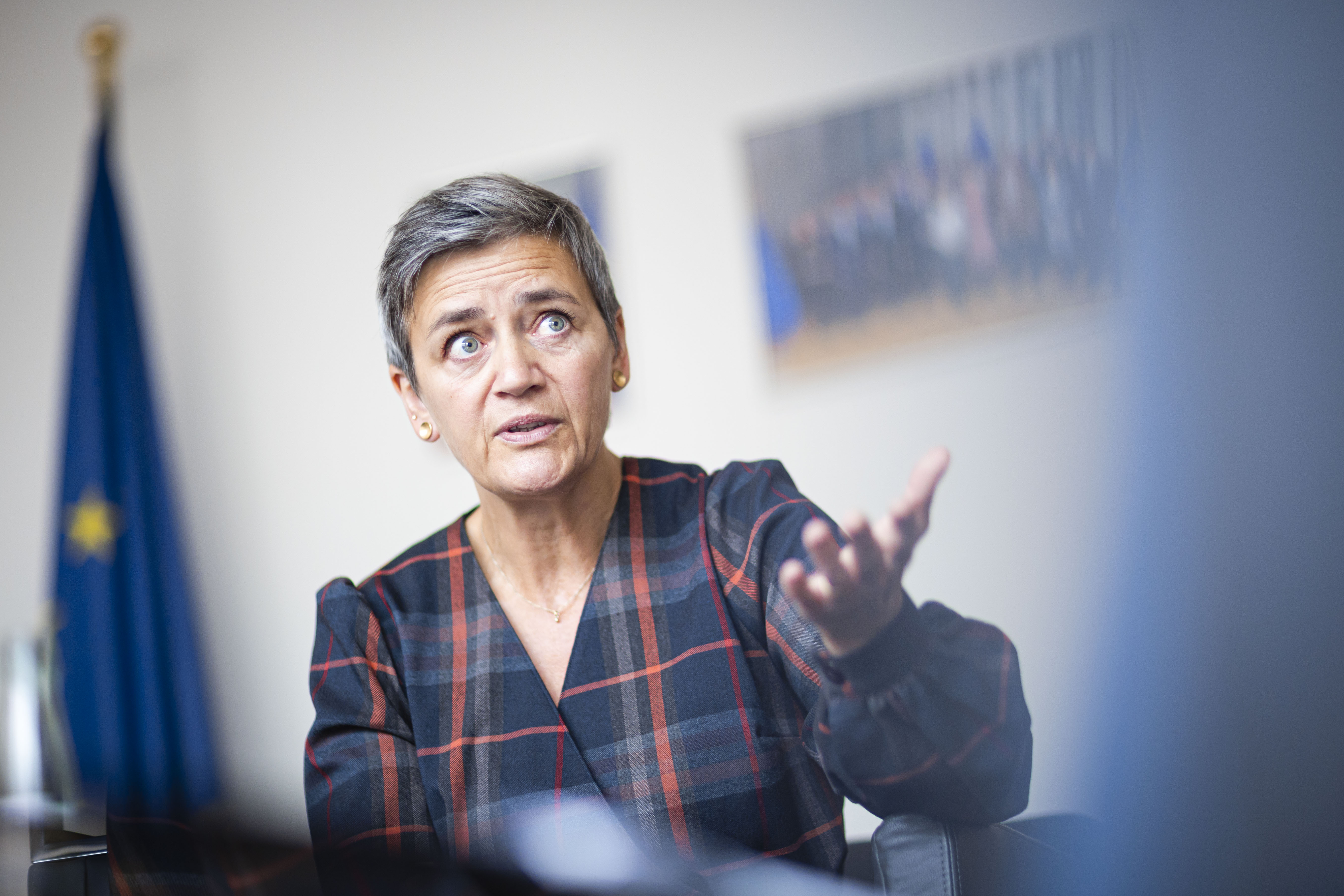 EU Commissioner for A Europe Fit for the Digital Age - Executive Vice President Margrethe Vestager gestures during an Interview on October 05, 2020 in Berlin, Germany.