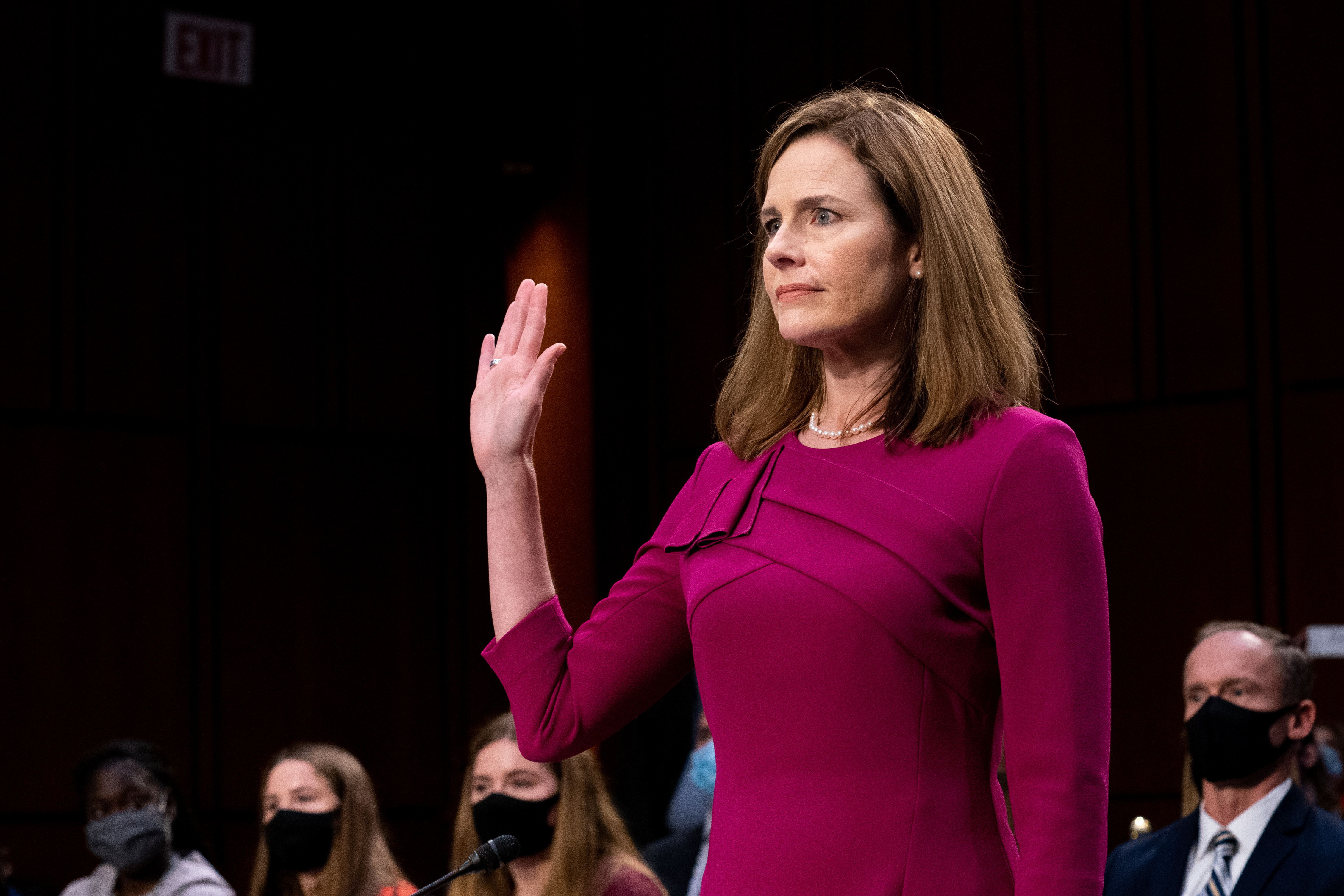 Supreme Court nominee Amy Coney Barrett is sworn in during her Senate Judiciary Committee confirmation hearing on Oct. 12, 2020.