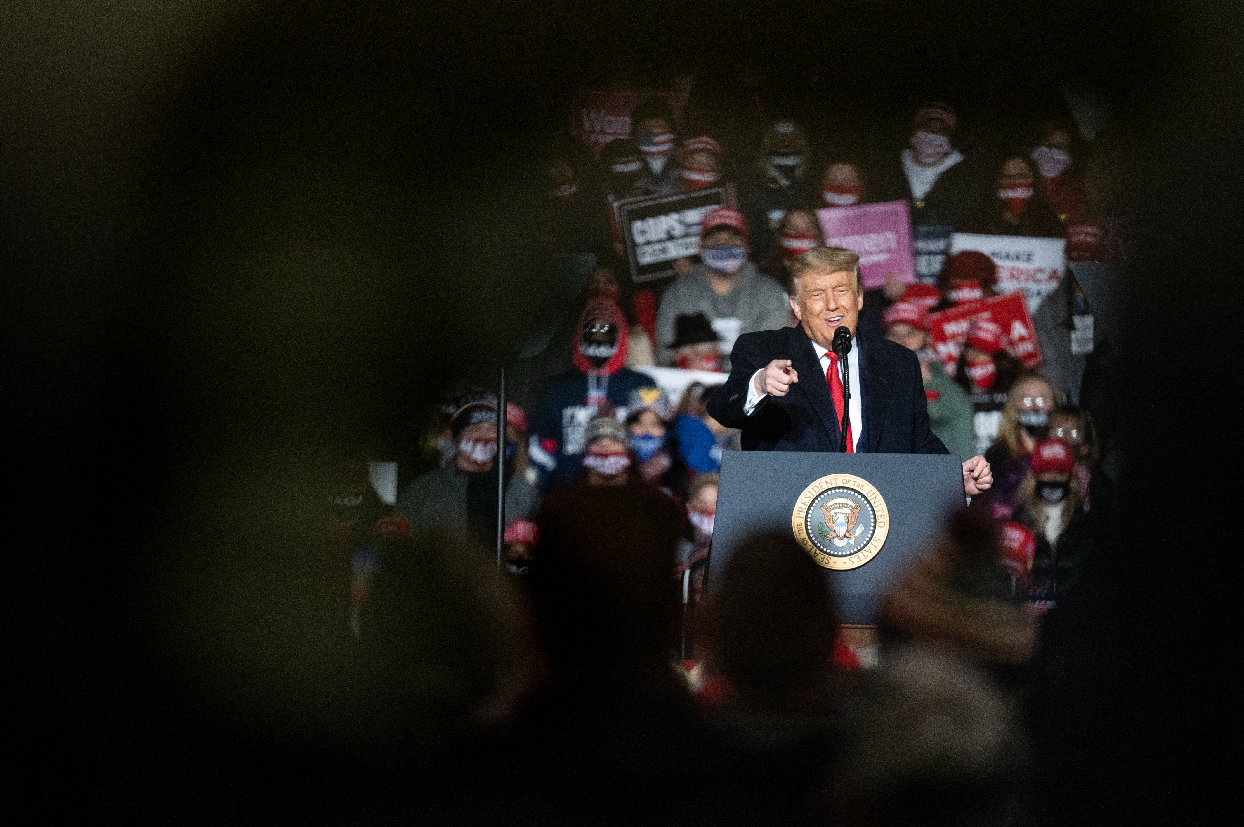 U.S. President Donald Trump speaks during a Make America Great Again campaign rally at the Erie International Airport on Wednesday, Oct. 21, 2020. Trump's campaign burned through almost half its cash in September.
