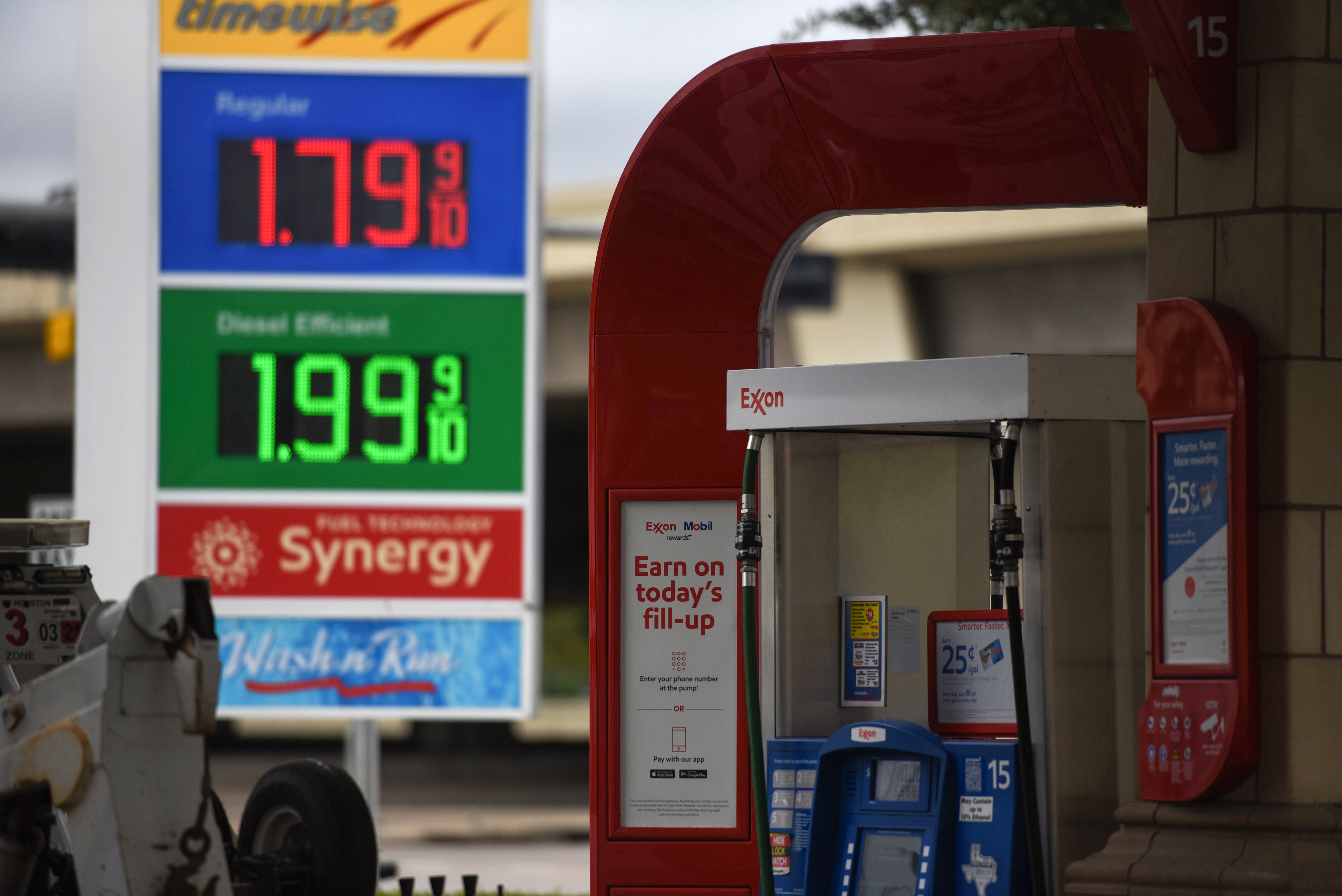A pump at an Exxon Mobil station in Houston on Oct. 28, 2020. The company is scheduled to release earnings figures on Oct. 30. (Callaghan O’Hare/Bloomberg via Getty Images)