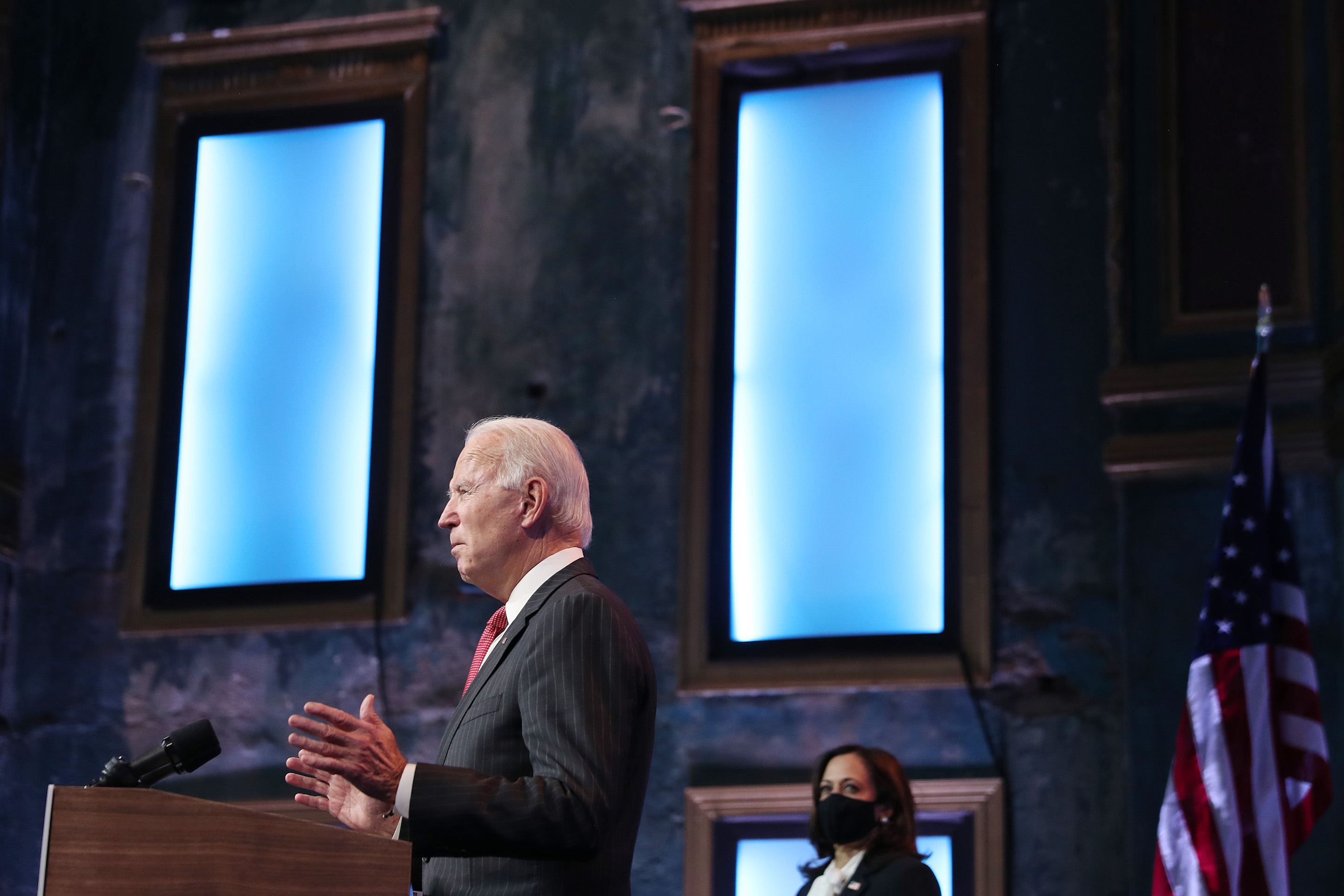 U.S. President-elect Joe Biden and Vice President-elect Kamala Harris hold a press conference after a virtual meeting with the National Governors Association's executive committee at the Queen Theater on Nov. 19, 2020 in Wilmington, Del.. Mr. Biden and his advisors continue the process of transitioning to the White House.