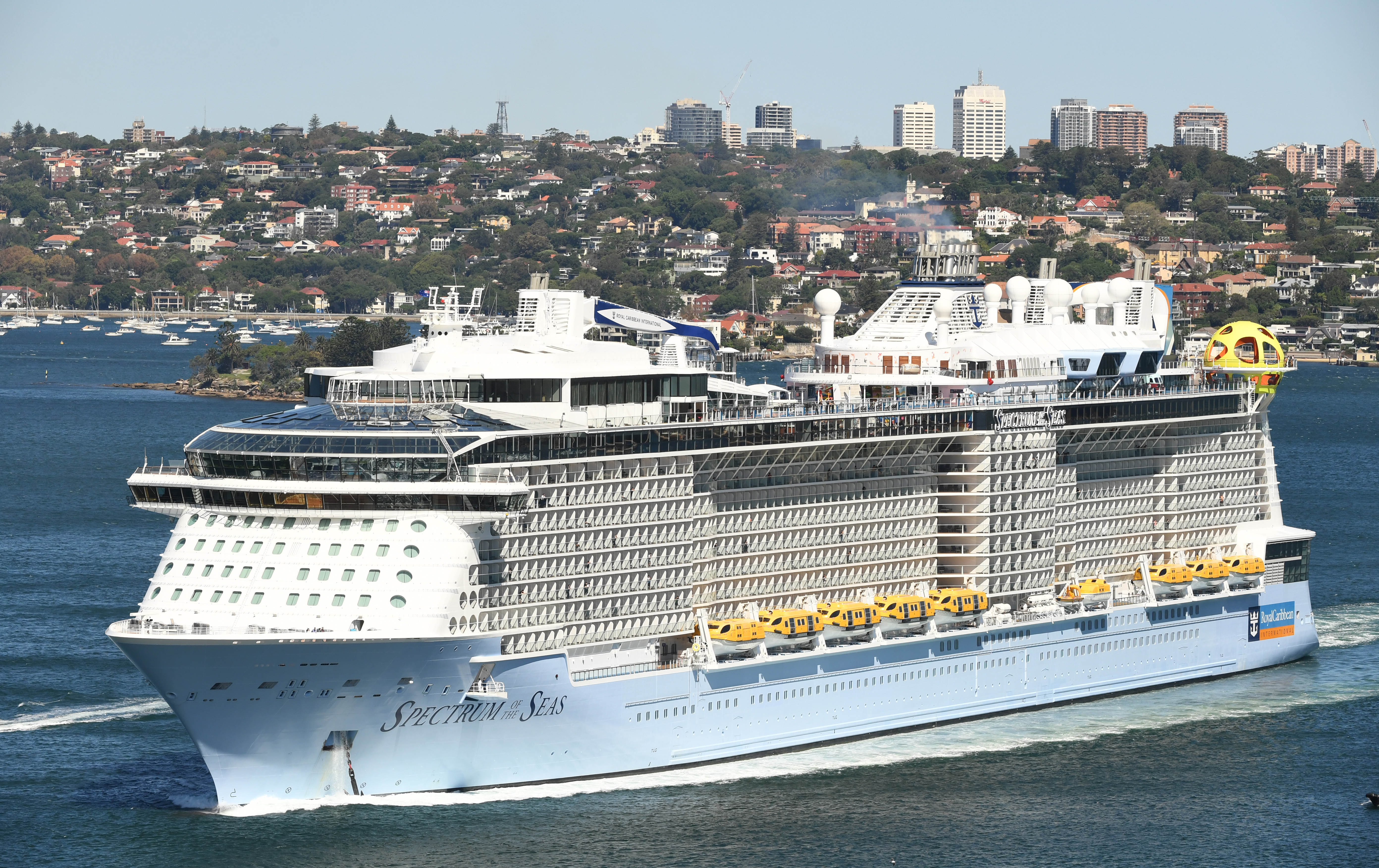 SYDNEY, AUSTRALIA - APRIL 04: Royal Caribbean's cruise ship, Spectrum of the Seas is escorted by Australian Border Vessels and Maritime Police as it departs Sydney Harbour on April 04, 2020 in Sydney, Australia. The Australian Government is working to move several ships out of New South Wales waters, in line with a 30-day ban on foreign ships docking in Australia ports imposed in March. The government has been attacked by commentators and the public for its handling of the Ruby Princess, a ship that docked in Sydney and is linked to over 500 of Australia's Covid-19 cases throughout multiple states and territories.  (Photo by James D. Morgan/Getty Images)