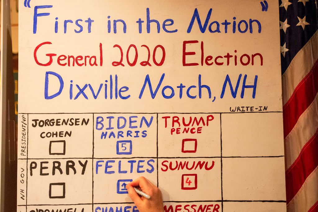 Image of a hand-written vote tally sign in Dixville Notch, New Hampshire, which is the first voting precinct in the U.S. to tally its votes.