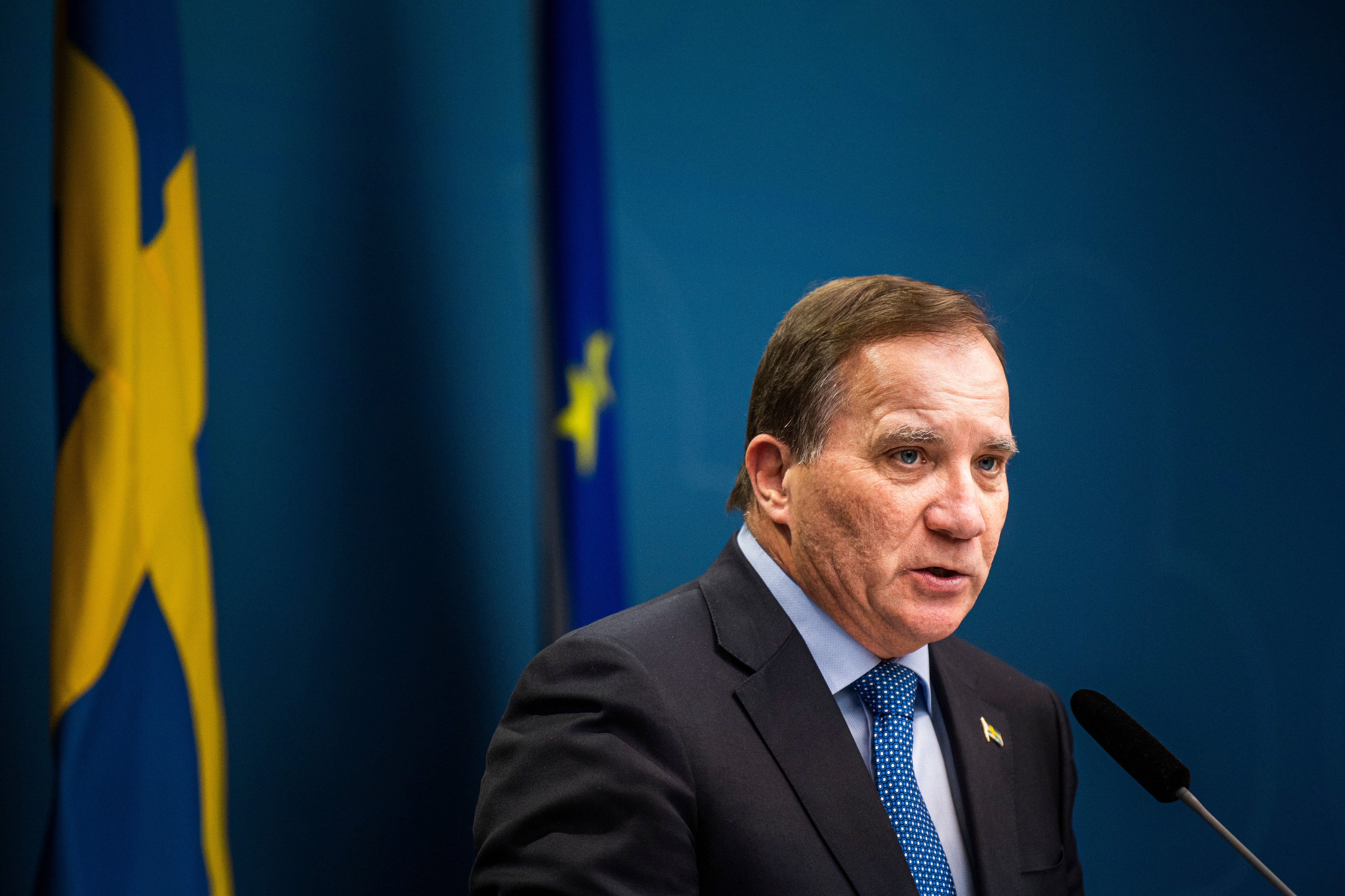 Swedish Prime Minister Stefan Lofven gives a press conference about the situation of the  coronavirus COVID-19 pandemic, at the government headquarters in Stockholm, Sweden, on November 3, 2020. 