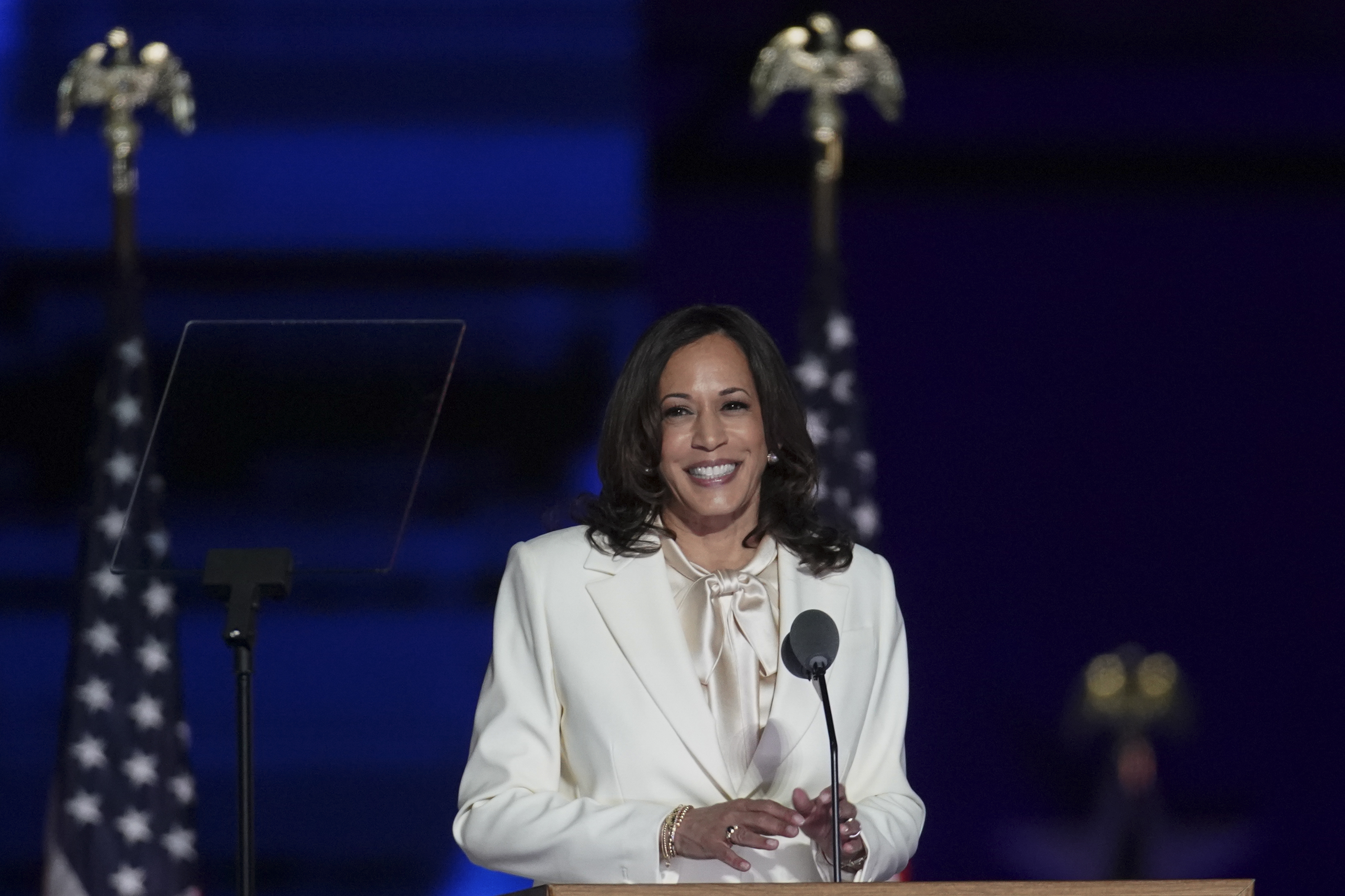 U.S. Vice President-elect Kamala Harris smiles while speaking during an election event in Wilmington, Delaware, U.S., on Saturday, Nov. 7, 2020. Joe Biden defeated Donald Trump to become the 46th U.S. president, unseating the incumbent with a pledge to unify and mend a nation reeling from a worsening pandemic, faltering economy and deep political divisions. 
