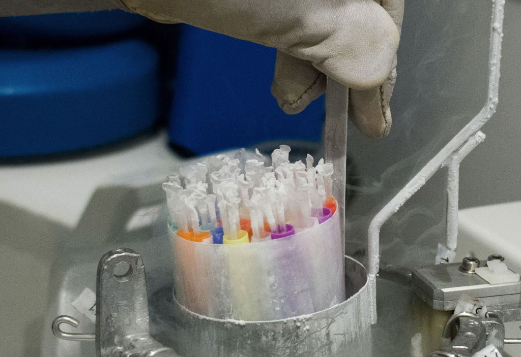 Biological samples are placed into a nitrogen freeze chamber in the cryogenic cold storage laboratory at the Ambroise Paré Clinic in Paris, on Nov. 13, 2020. The vaccine developed by Pfizer must be stored in deep-freezer conditions of –70 degrees Celsius, facilities that even many major hospitals don’t have—not to mention developing countries where electricity is intermittent.