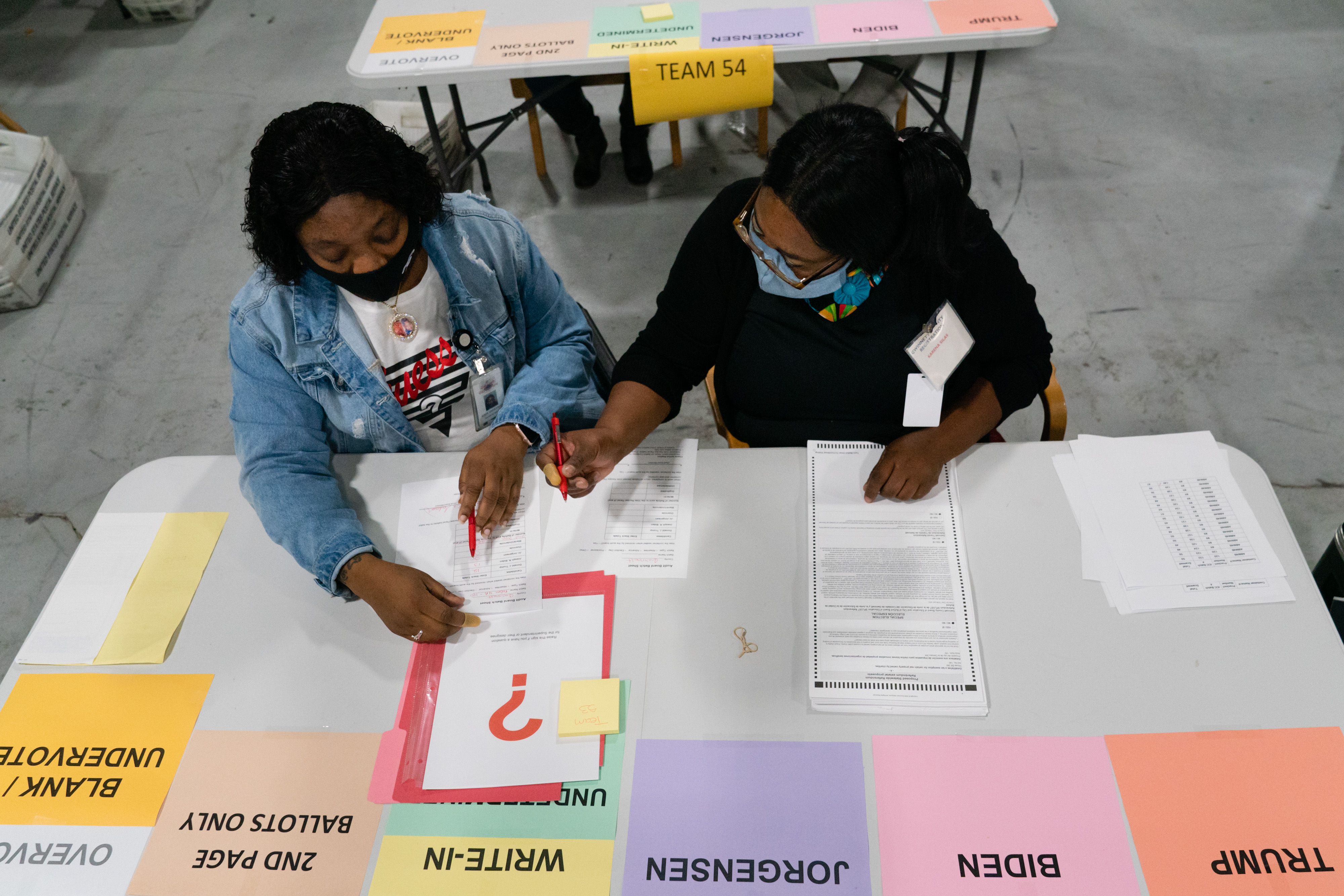 People wearing protective masks hand count 2020 Presidential election ballots during an audit at the Gwinnett County Voter Registration office in Lawrenceville, Georgia, U.S., on Friday, Nov. 13, 2020. Election officials in Georgia's 159 counties started counting ballots Friday morning for a hand tally of the presidential race that stems from an audit required by state law, reported the Associated Press. Photographer: Elijah Nouvelage/Bloomberg via Getty Images