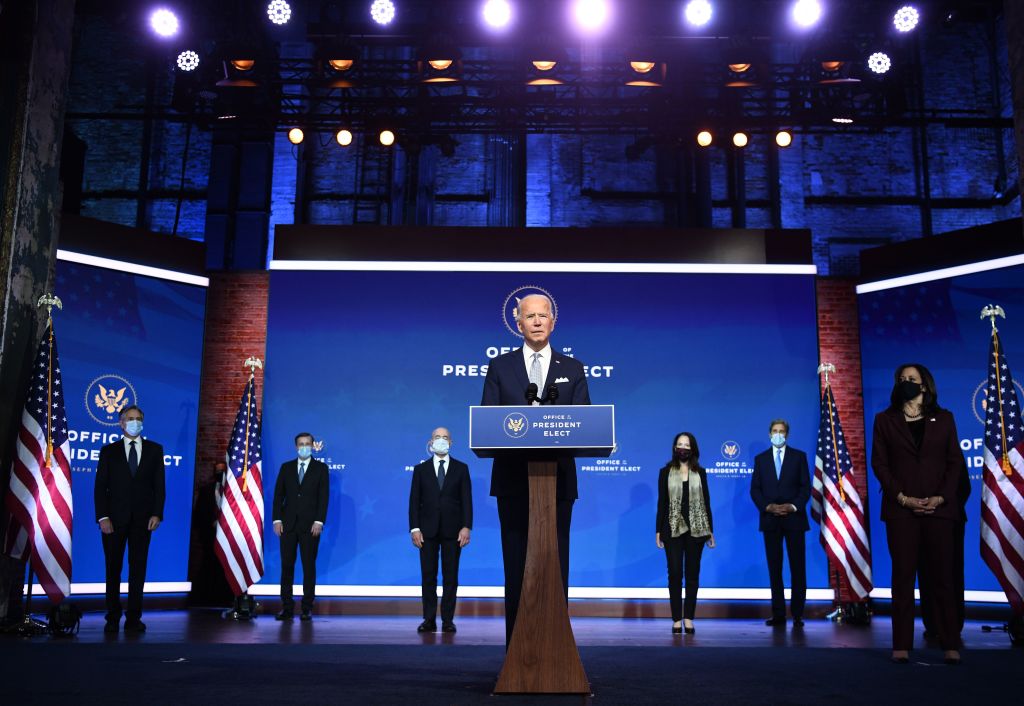 US President-elect Joe Biden speaks during a cabinet announcement event in Wilmington, Delaware, on November 24, 2020. - US President-elect Joe Biden introduced November 24, 2020 a seasoned national security team he said was prepared to resume US leadership of the world after the departure of President Donald Trump. "It's a team that will keep our country and our people safe and secure," Biden said, introducing his picks for secretary of state, national security advisor, intelligence chief, and other key cabinet jobs. "It's a team that reflects the fact that America is back. Ready to lead the world, not retreat from it."