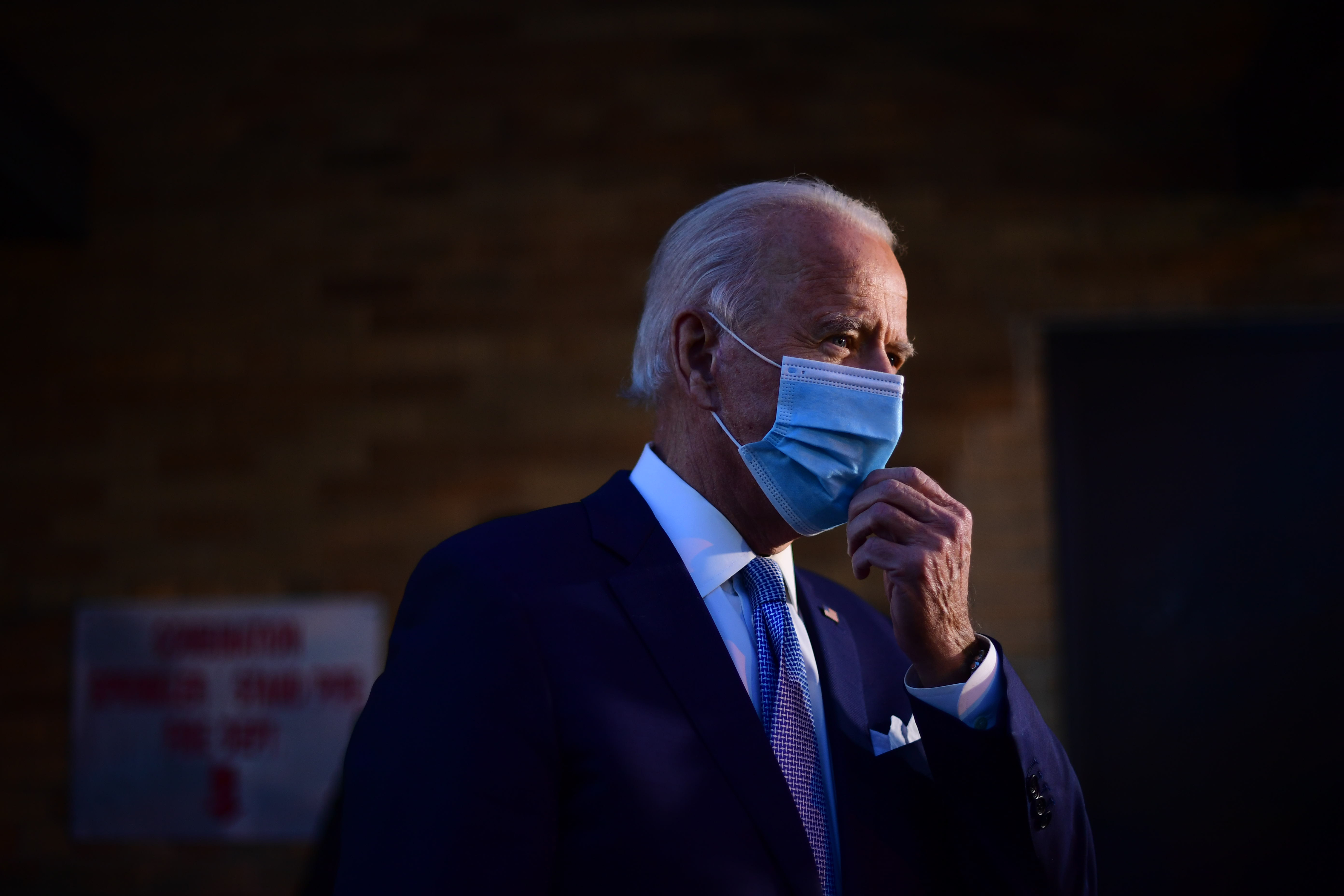 President-elect Joe Biden speaks with the media as he departs the Queen Theater after introducing key foreign policy and national security nominees and appointments on November 24, 2020 in Wilmington, Delaware.