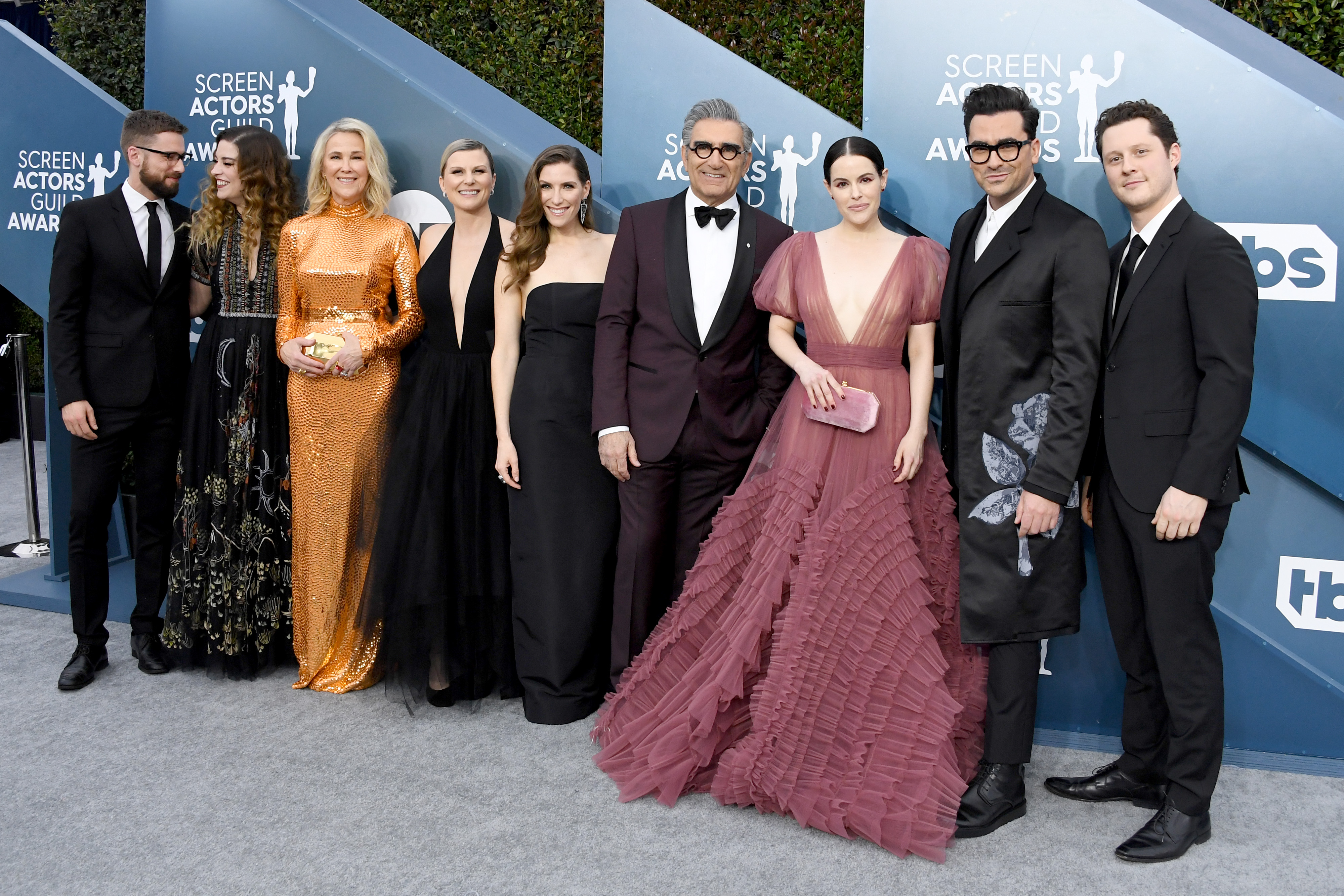 Cast members of Schitt's Creek at the 26th Annual Screen Actors Guild Awards on January 19, 2020 in Los Angeles. The show's creator, Dan Levy, is second from right.