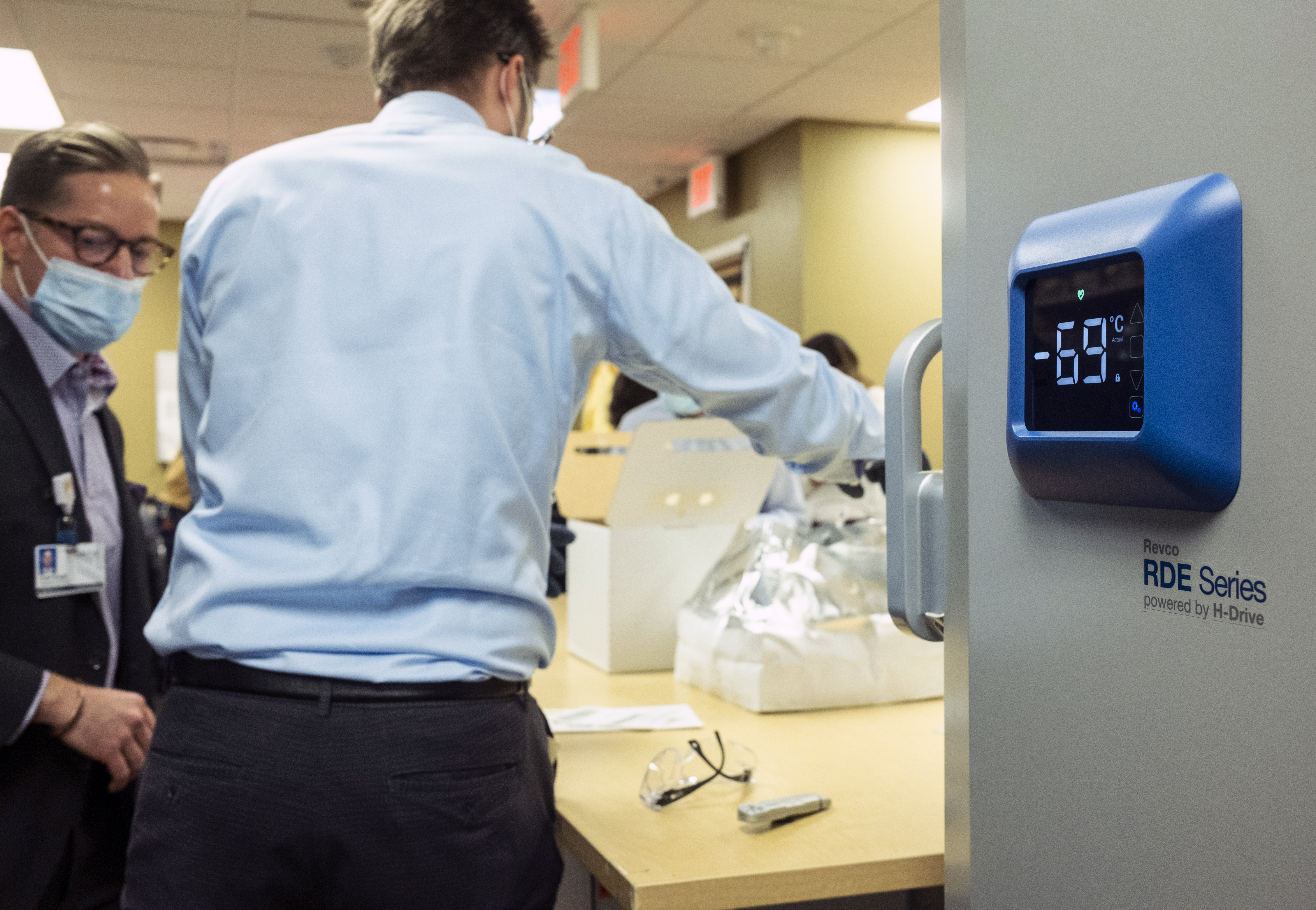 A digital readout on a super-cold freezer storing doses of Pfizer’s coronavirus vaccine. Experts say cyberattacks compromising vaccine storage directly are unlikely—but malicious hackers are taking a variety of approaches to undermine the vaccine rollout.