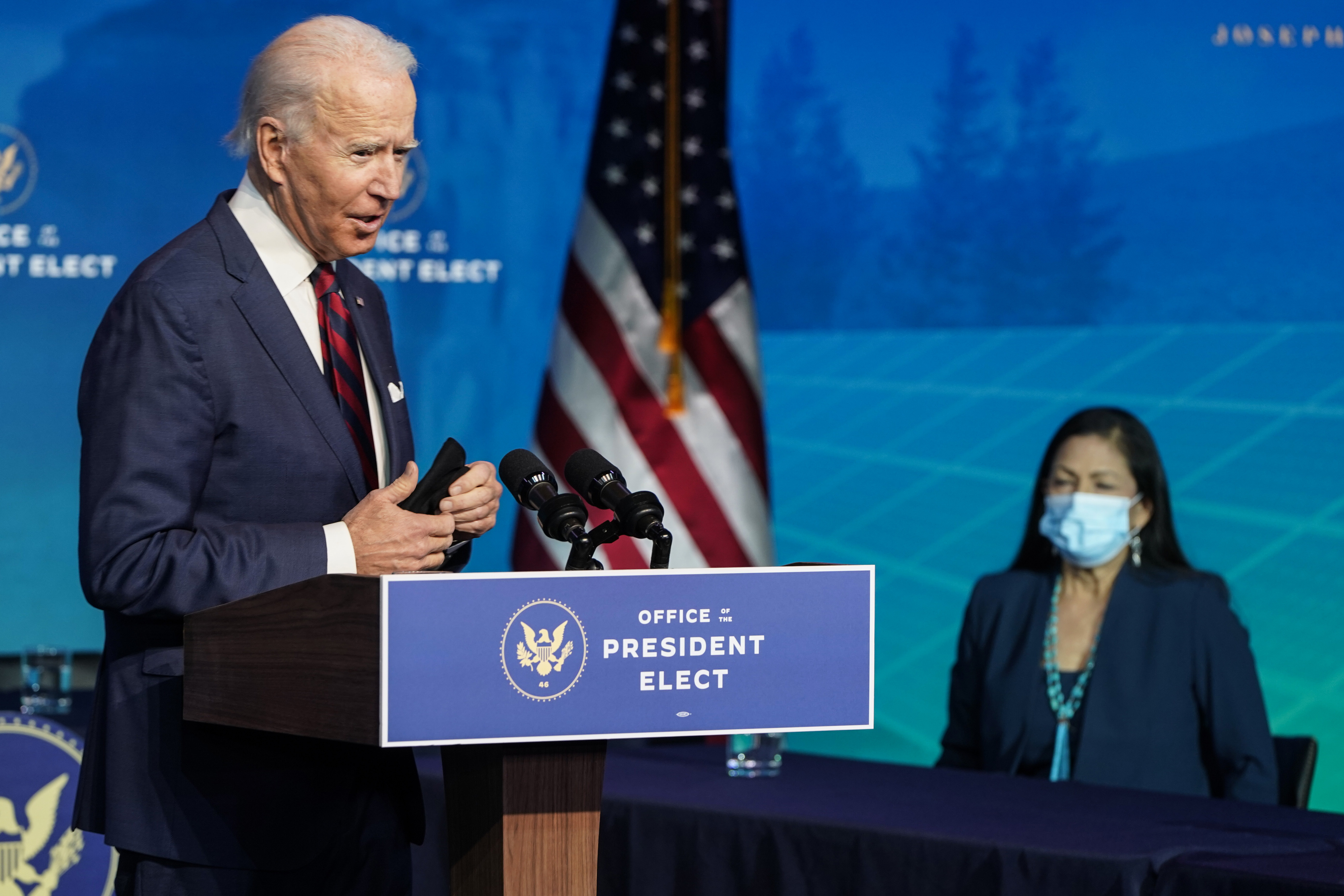 President-elect Joe Biden announces members of his climate and energy team, including Rep. Deb Haaland, at the Queen Theater in Wilmington, Del., on Dec. 19.