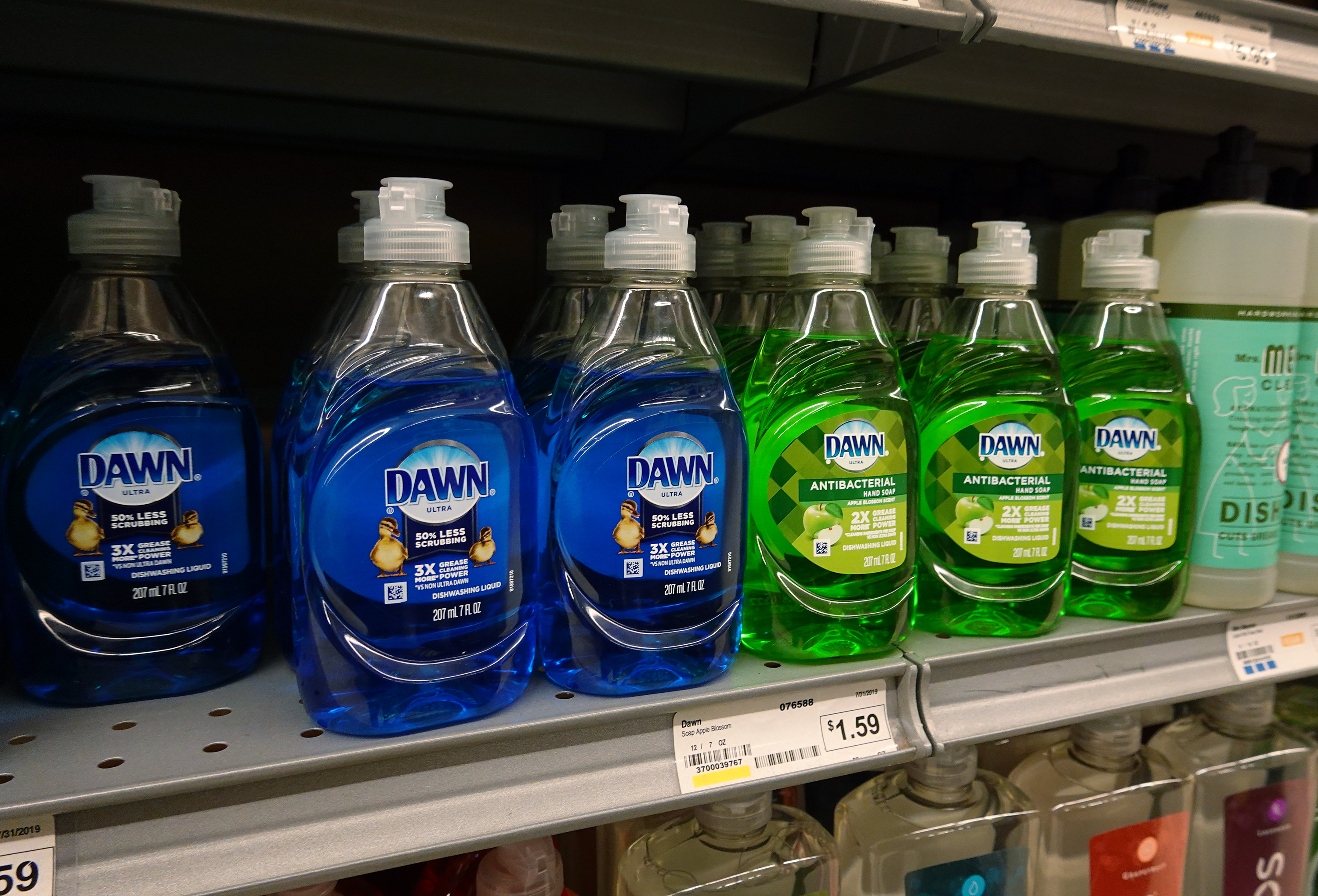 Dawn, a dishwashing liquid owned by the Procter & Gamble company, is seen on a store shelf on October 20, 2020 in Miami, Fla.