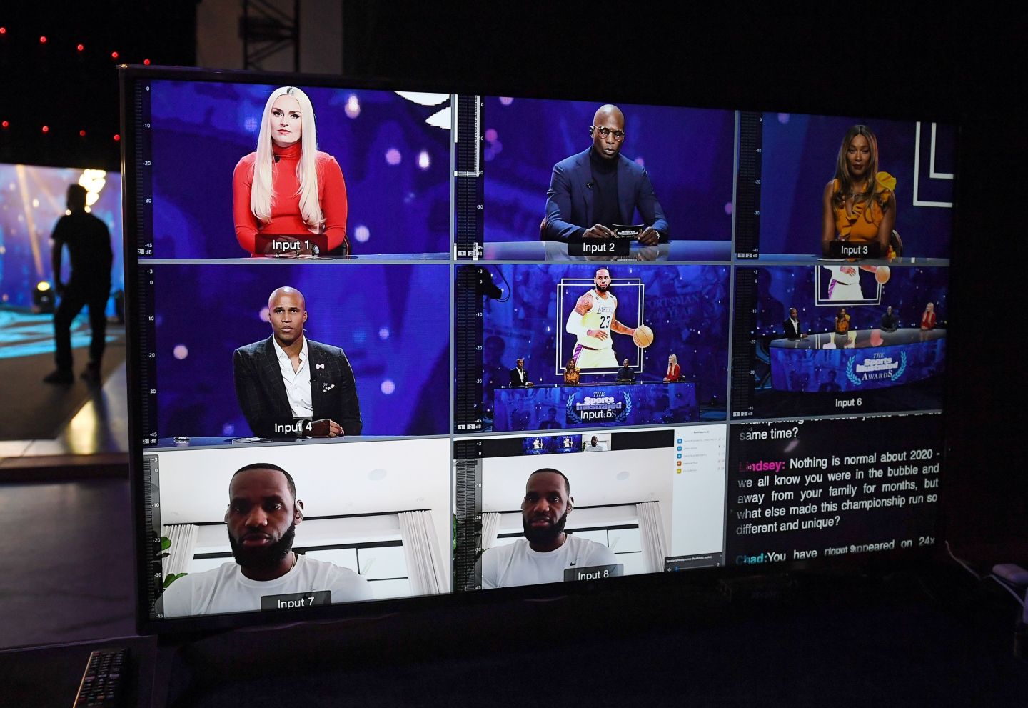 In this image released on December 19, 2020, NBA player LeBron James (below) is shown on a screen via the Zoom videoconferencing software as he accepts the Sportsperson of the Year award and the Muhammad Ali Legacy Award from hosts Richard Jefferson, Cari Champion, Chad "Ochocinco" Johnson and Lindsey Vonn during the 2020 Sports Illustrated Awards at AG Production Services on December 10, 2020 in North Las Vegas, Nevada.