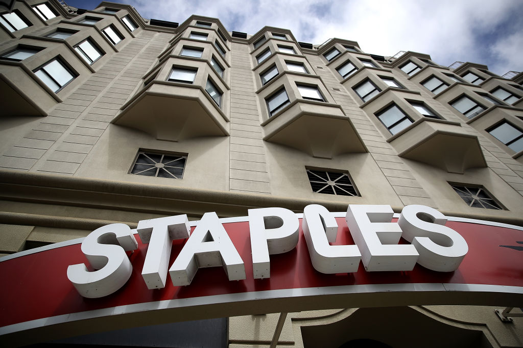 The Staples logo is displayed on the exterior of a Staples office supply store on June 28, 2017 in San Francisco, Calif.