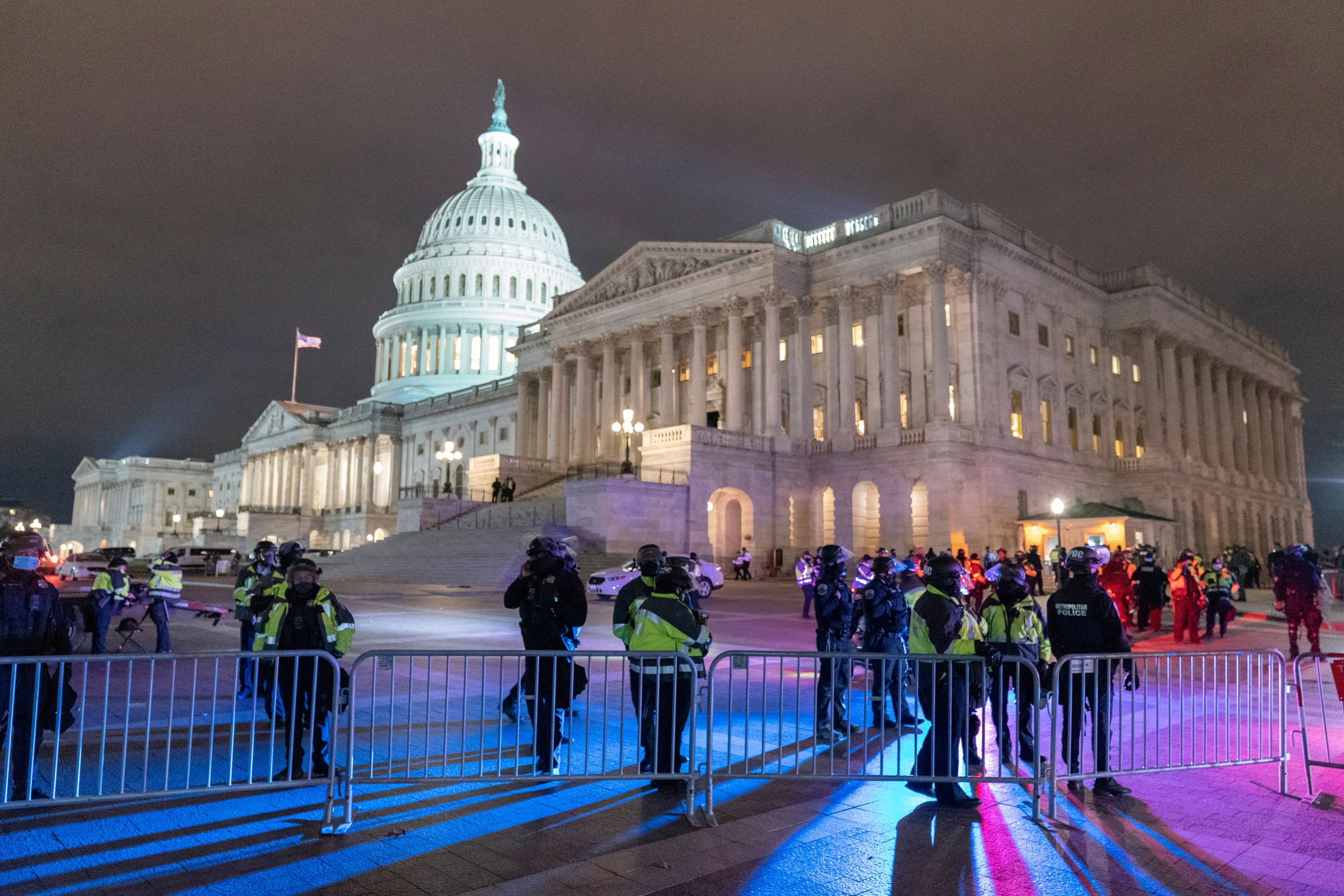 Police assemble at the Capitol on January 6, 2021 after protesters stormed a Joint Session of Congress to where members were to certify the 2020 Presidential election.
