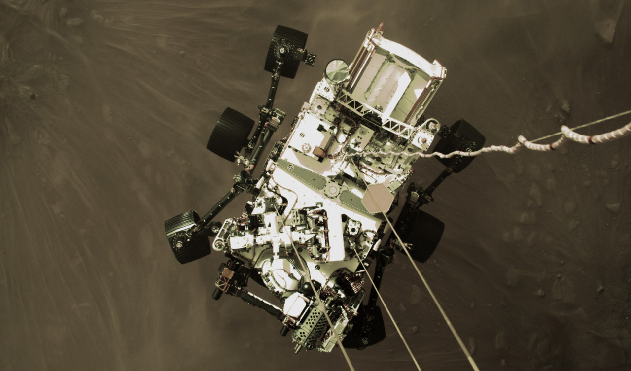 NASA Mars rover Perseverance during its descent to the surface of the Red Planet.