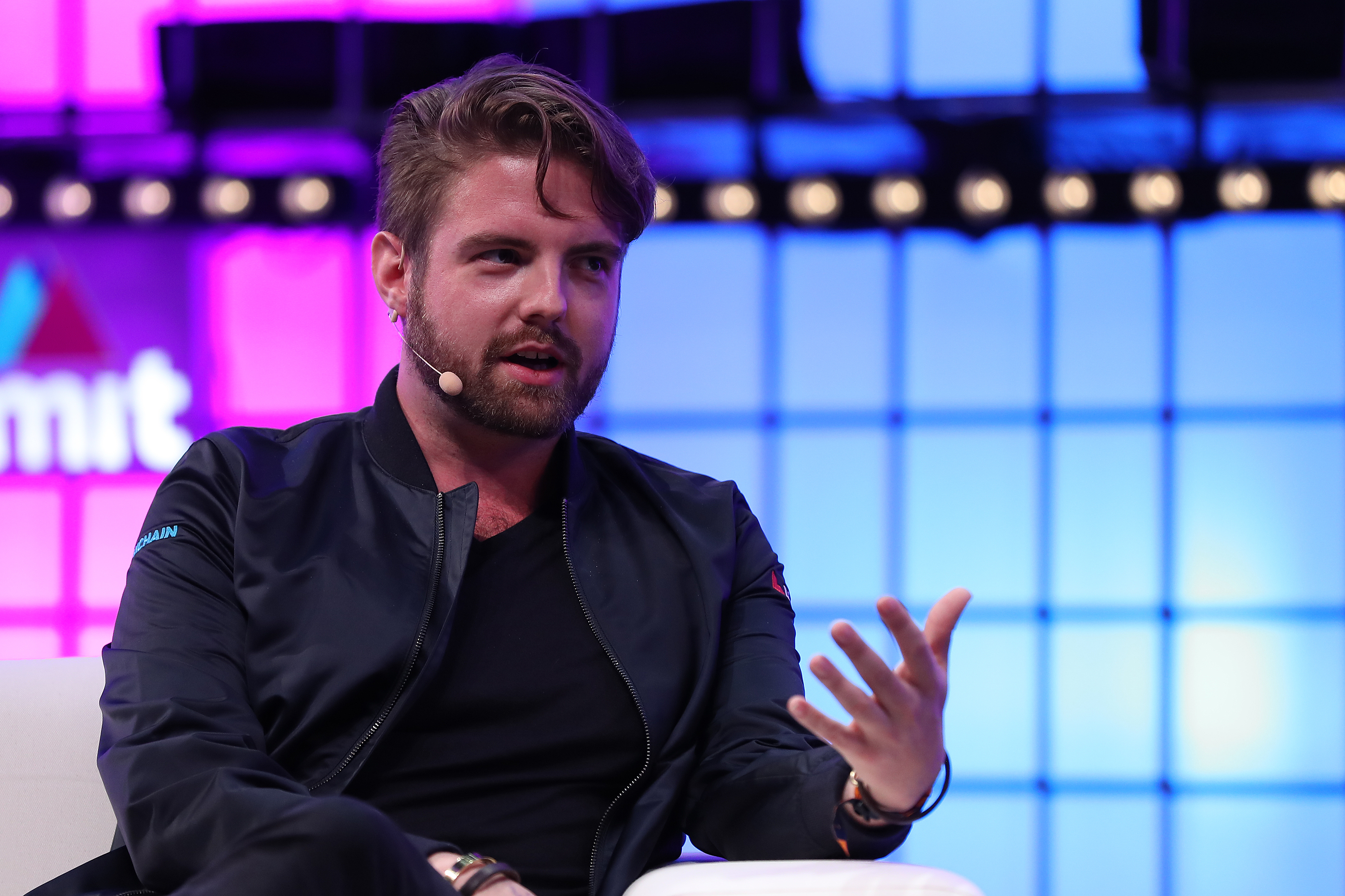 Blockchain cofounder and CEO Peter Smith speaks during Web Summit 2018 in Lisbon.