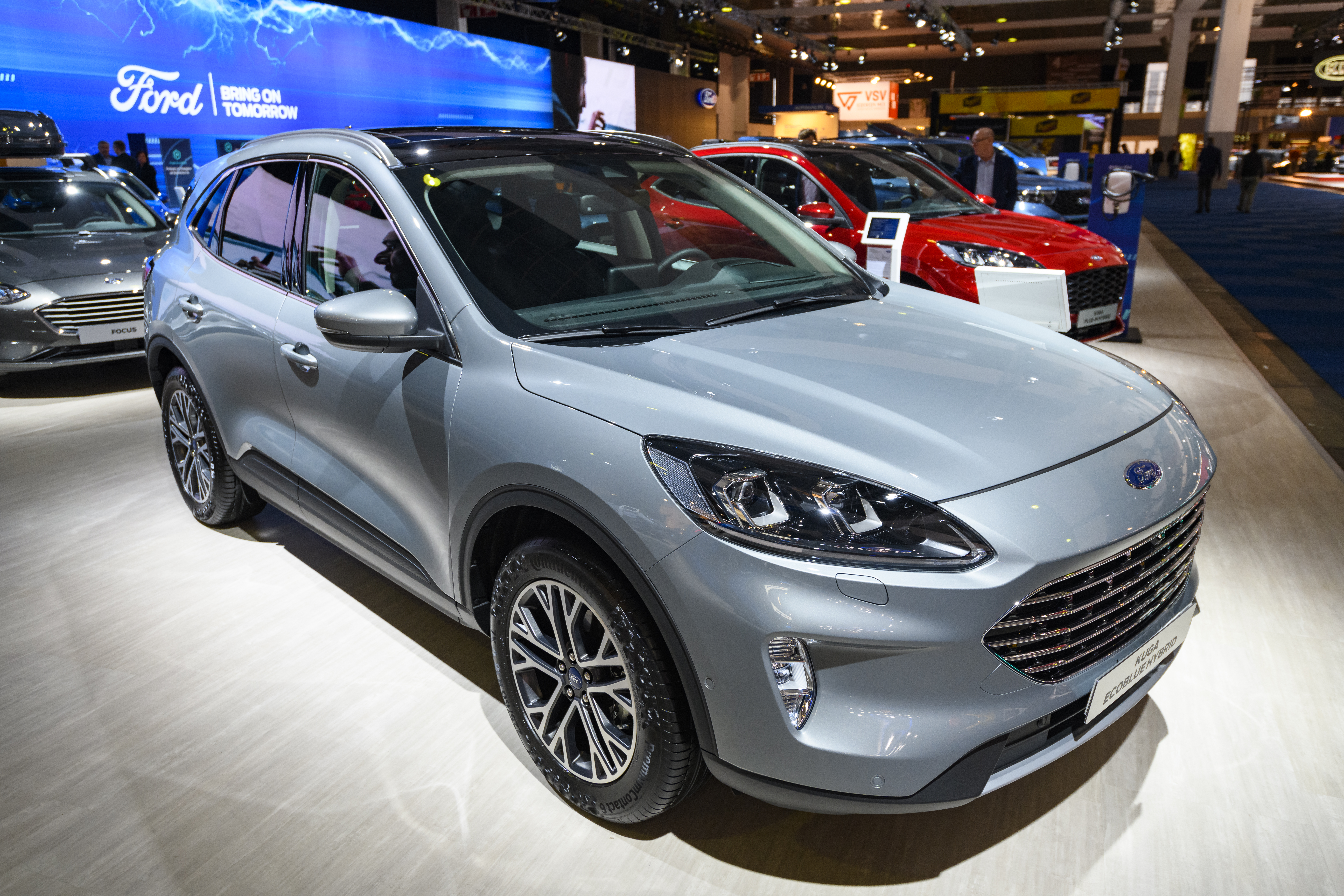 Ford on Wednesday announced ambitious plans to go all-electric by 2030 in Europe. Pictured here is the Ford Kuga EcoBlue plug-in hybrid crossover SUV on display at the Brussels Expo in January, 2020.