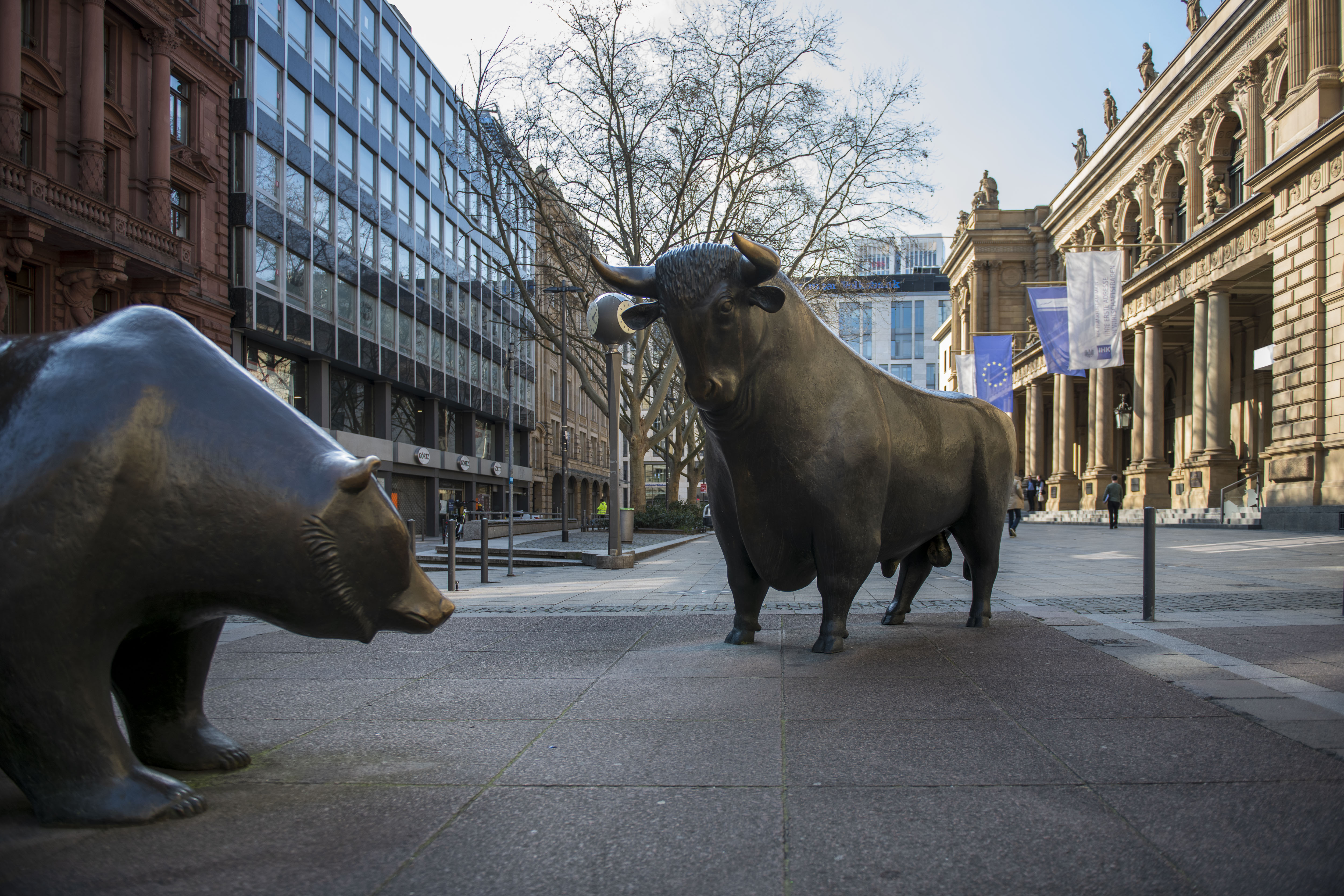 A bull statue and a bear statue stand outside the Frankfurt Stock Exchange (Deutsche Boerse AG). European equities have been enjoying a rally in February as a combination of vaccine progress and generous stimulus measures push the Stoxx 600 near a record high.  