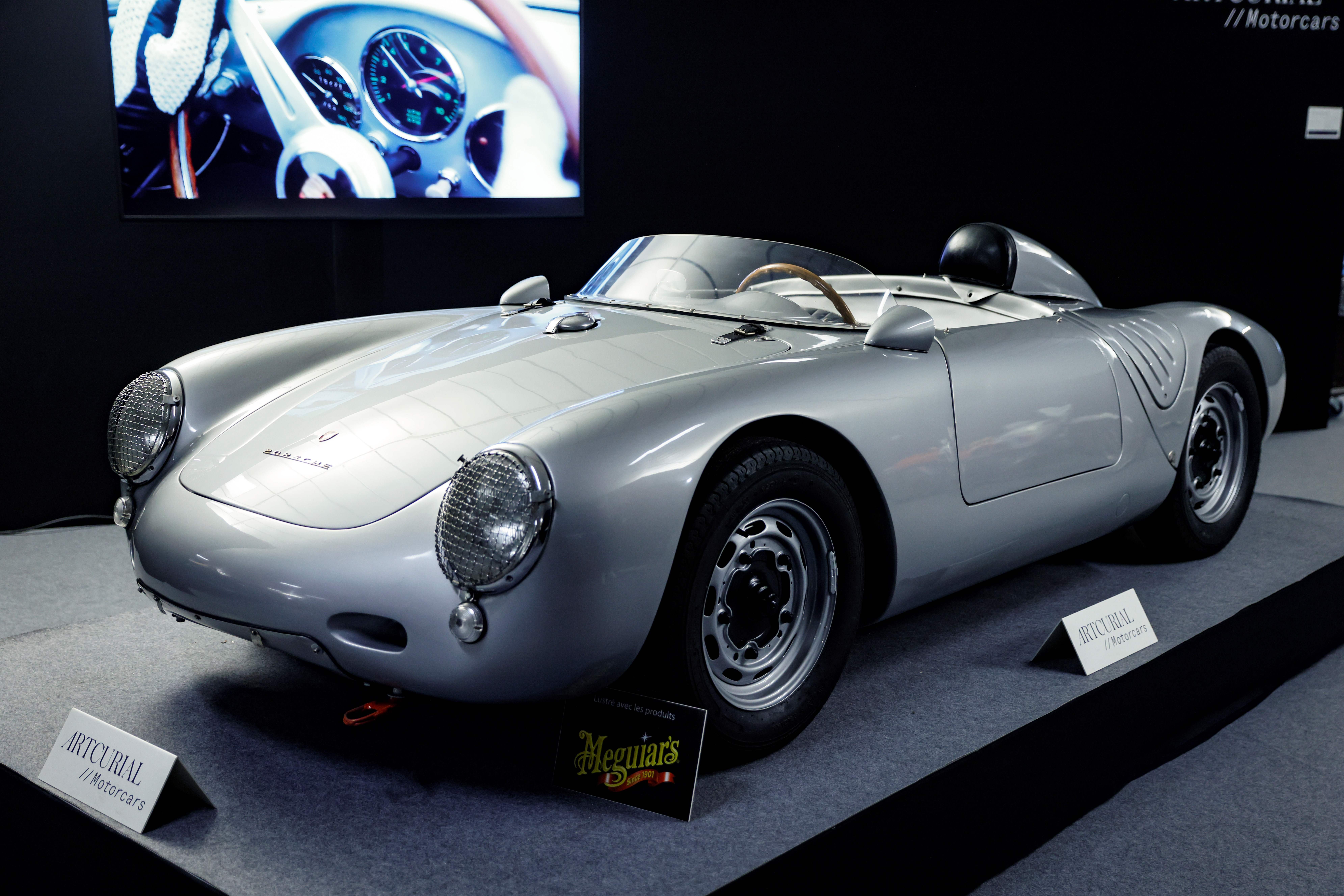 This picture taken on February 3, 2021 shows a 1957 Porsche 550A Spyder displayed at the Artcurial auction house in Paris two days ahead of the "Parisienne 2021" motorcars auction sell.