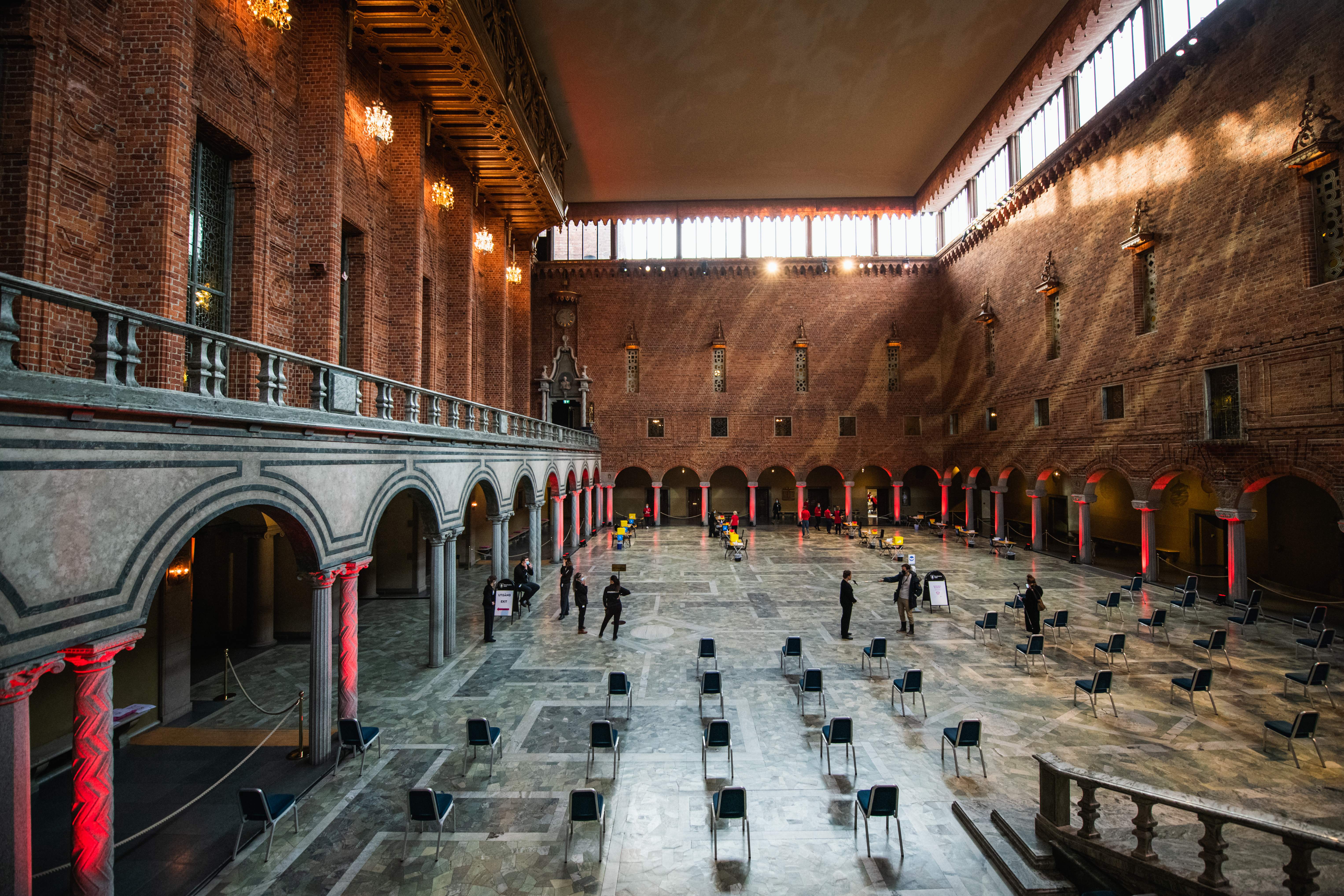 Preparations take place at Stockholm's City Hall to convert the venue for the Nobel Prize banquets into a Covid-19 vaccination center for a day on February 21, 2021. 