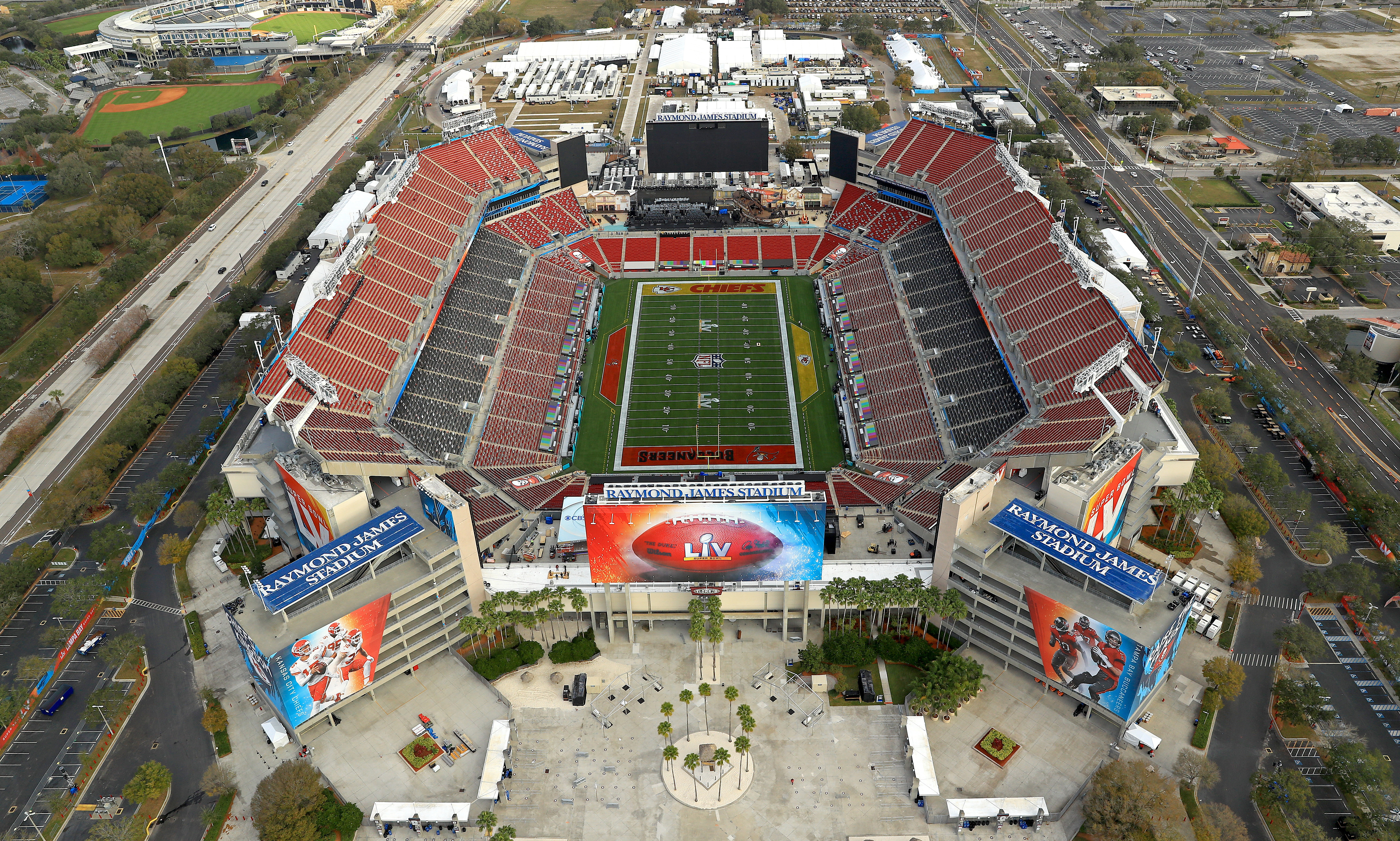 Tampa’s Raymond James Stadium, site of Sunday’s Super Bowl LV between the Kansas City Chiefs and Tampa Bay Buccaneers.